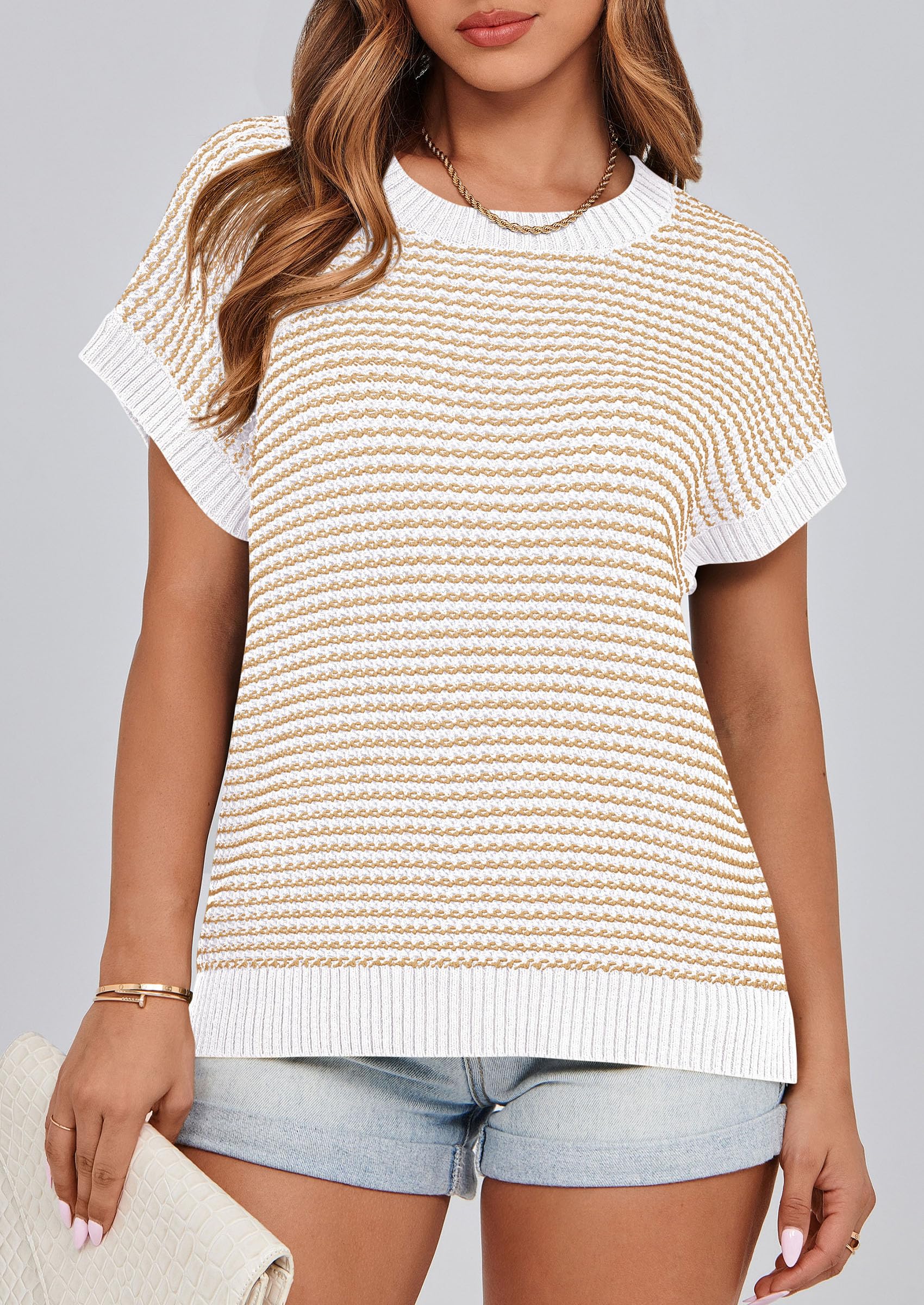 Women's Striped Short Sleeve Sweater Vest Apricot,S