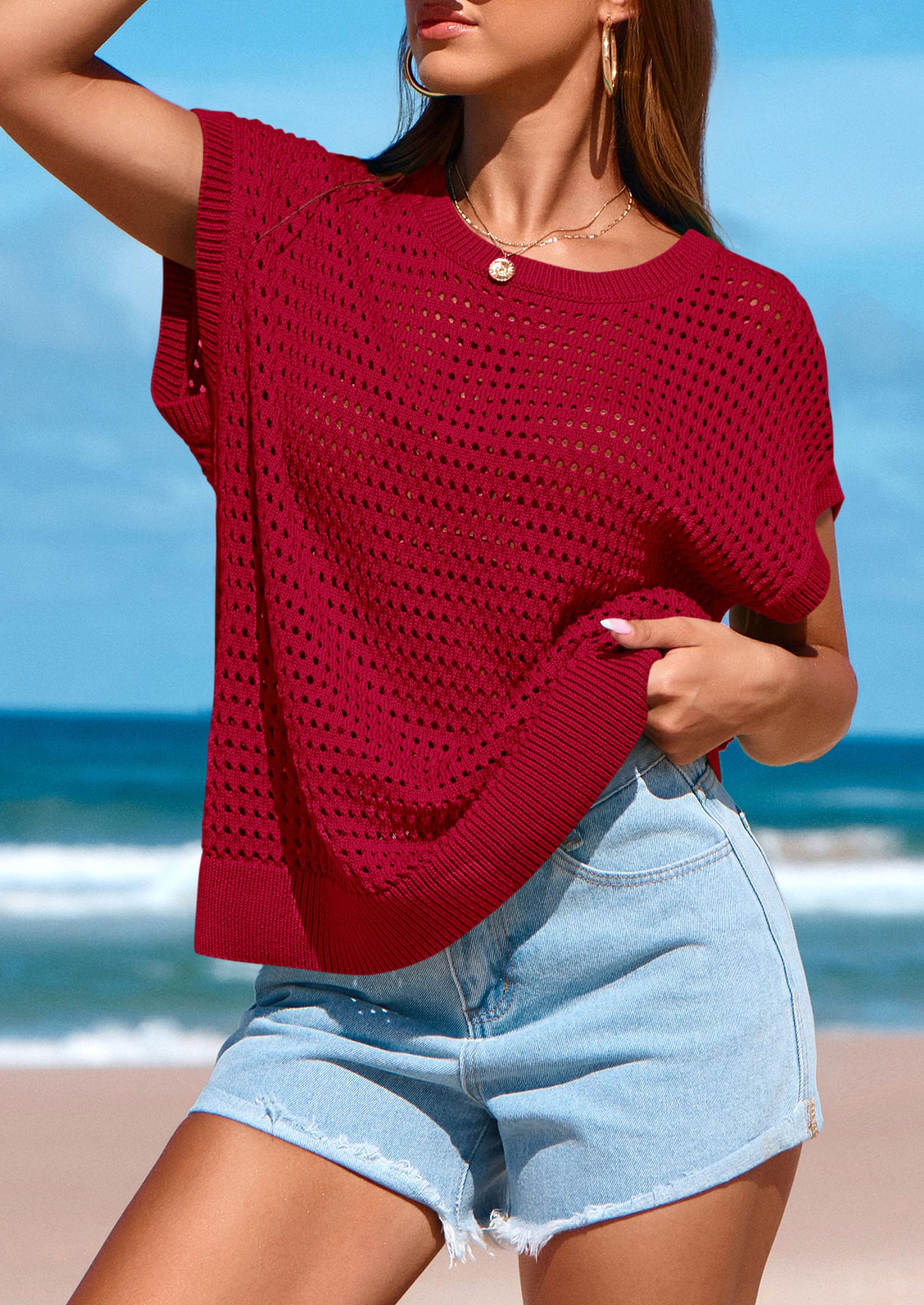 Women's Summer Crochet Cap Sleeve Sweater Tops,Red,S