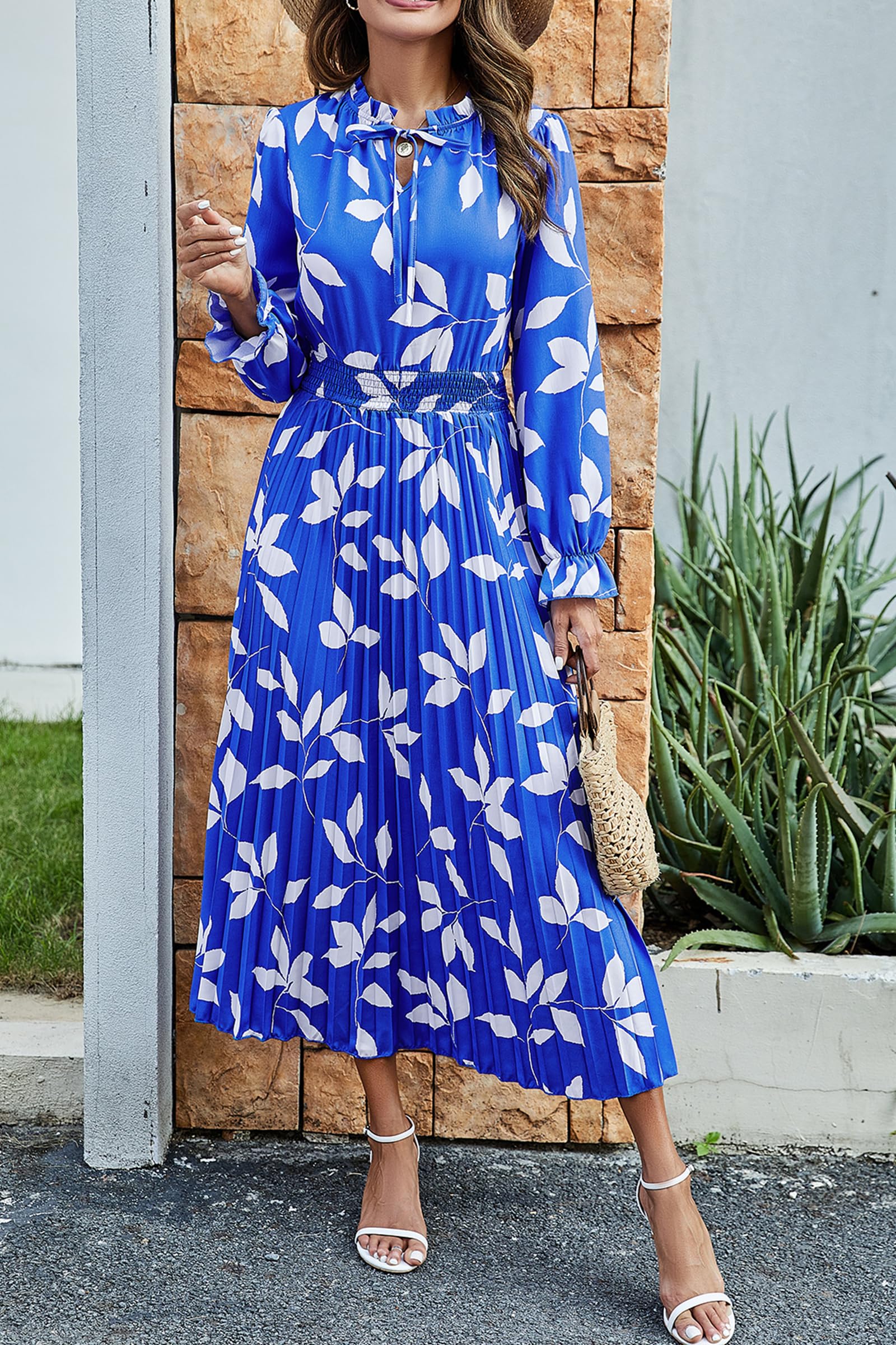 Women's Fall Midi Wedding Guest Dress(Blue Leaves,Medium)