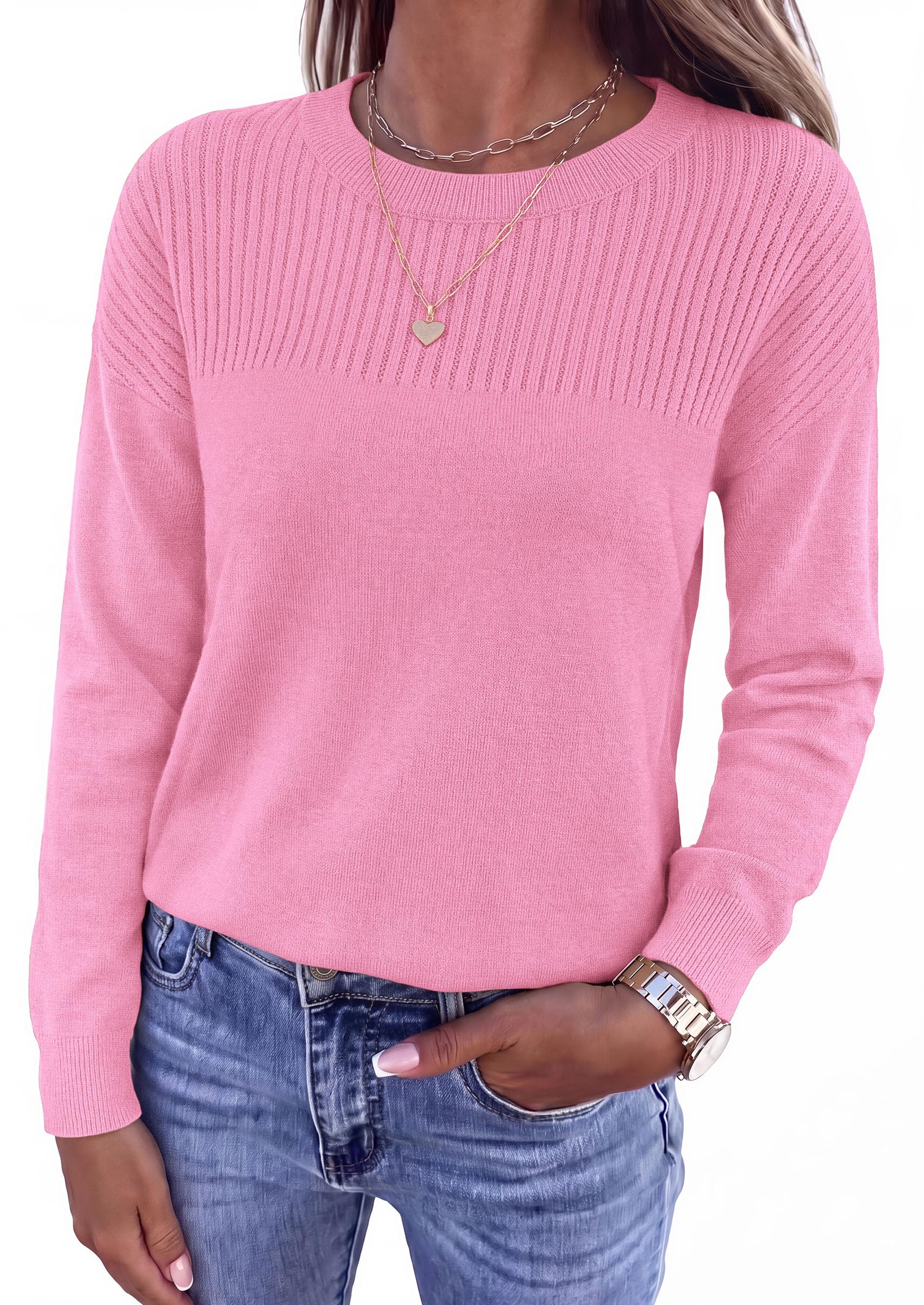 Sweaters for Women Fall Crewneck Knit Cropped Sweater Pink