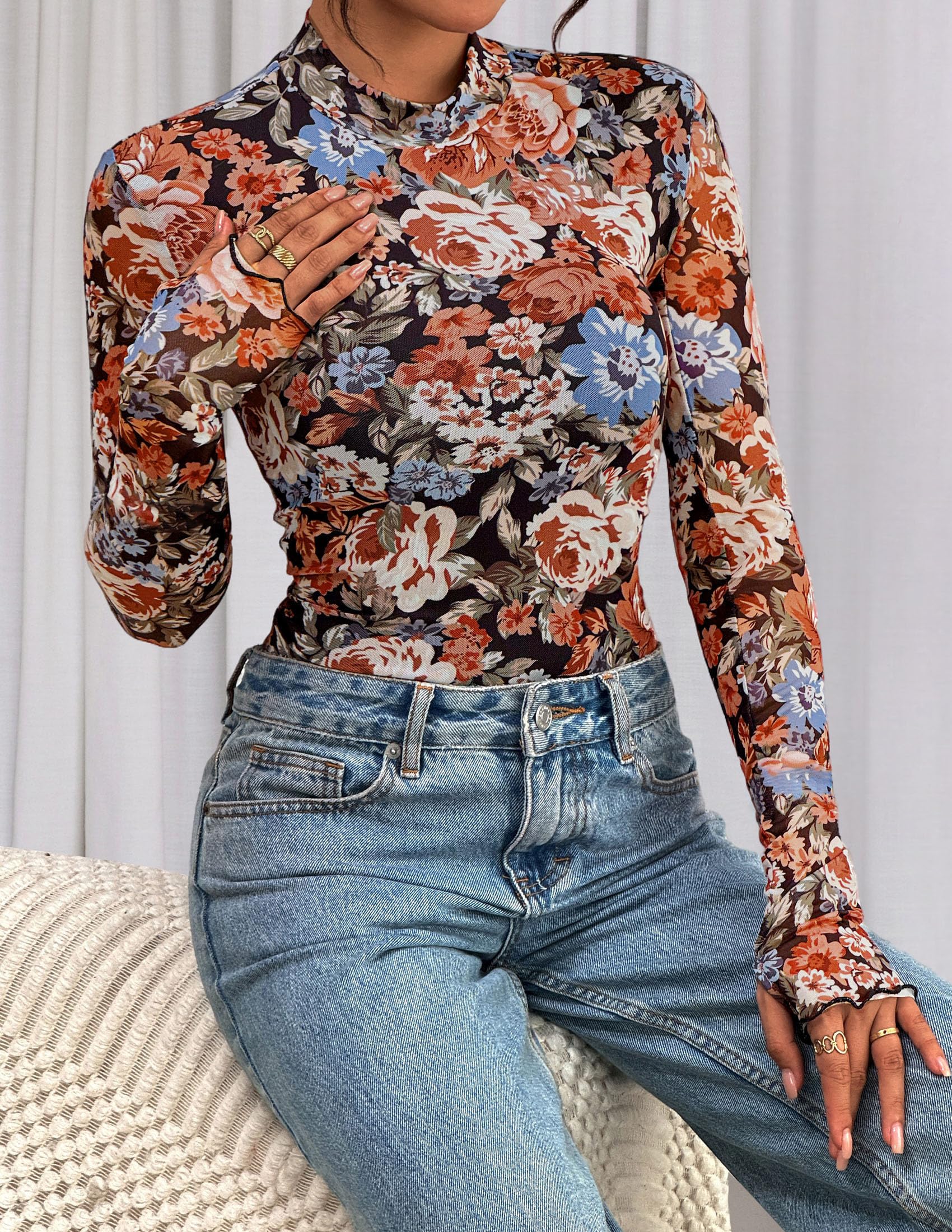 Womens Floral Mesh Long Sleeve Tops Fall Slim Fitted Shirts
