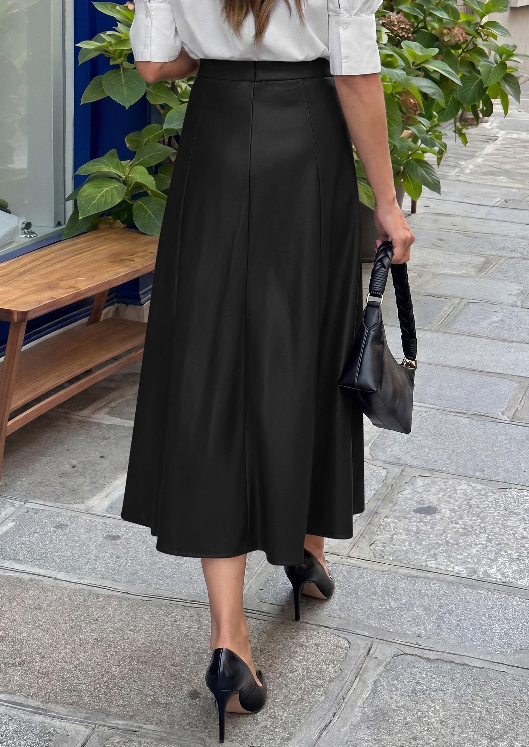 Womens Faux Leather High Waisted Midi Skirt,Black,S