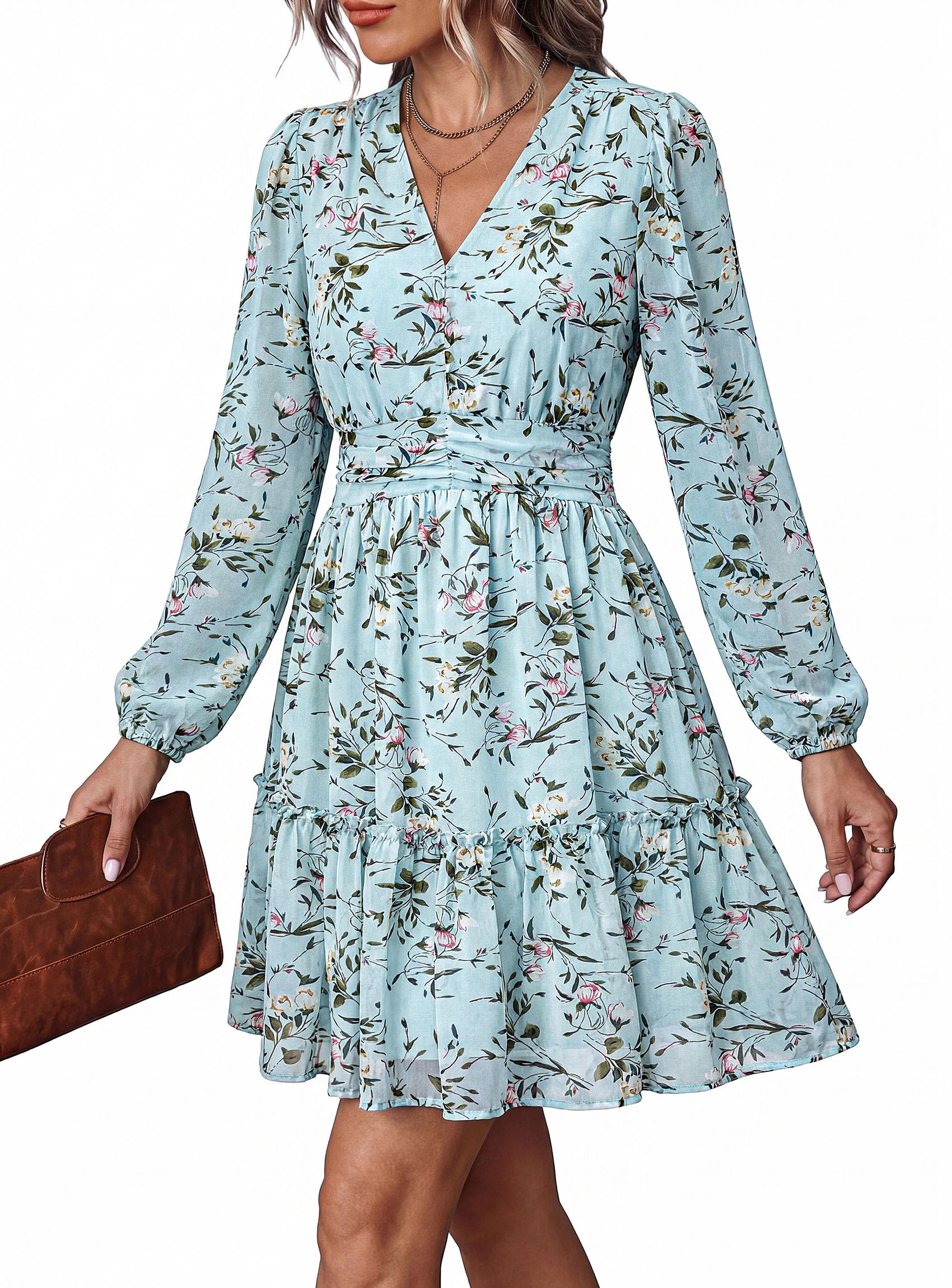 Women Floral Long Sleeve Mini Dress Fall Wedding Guest Dresses