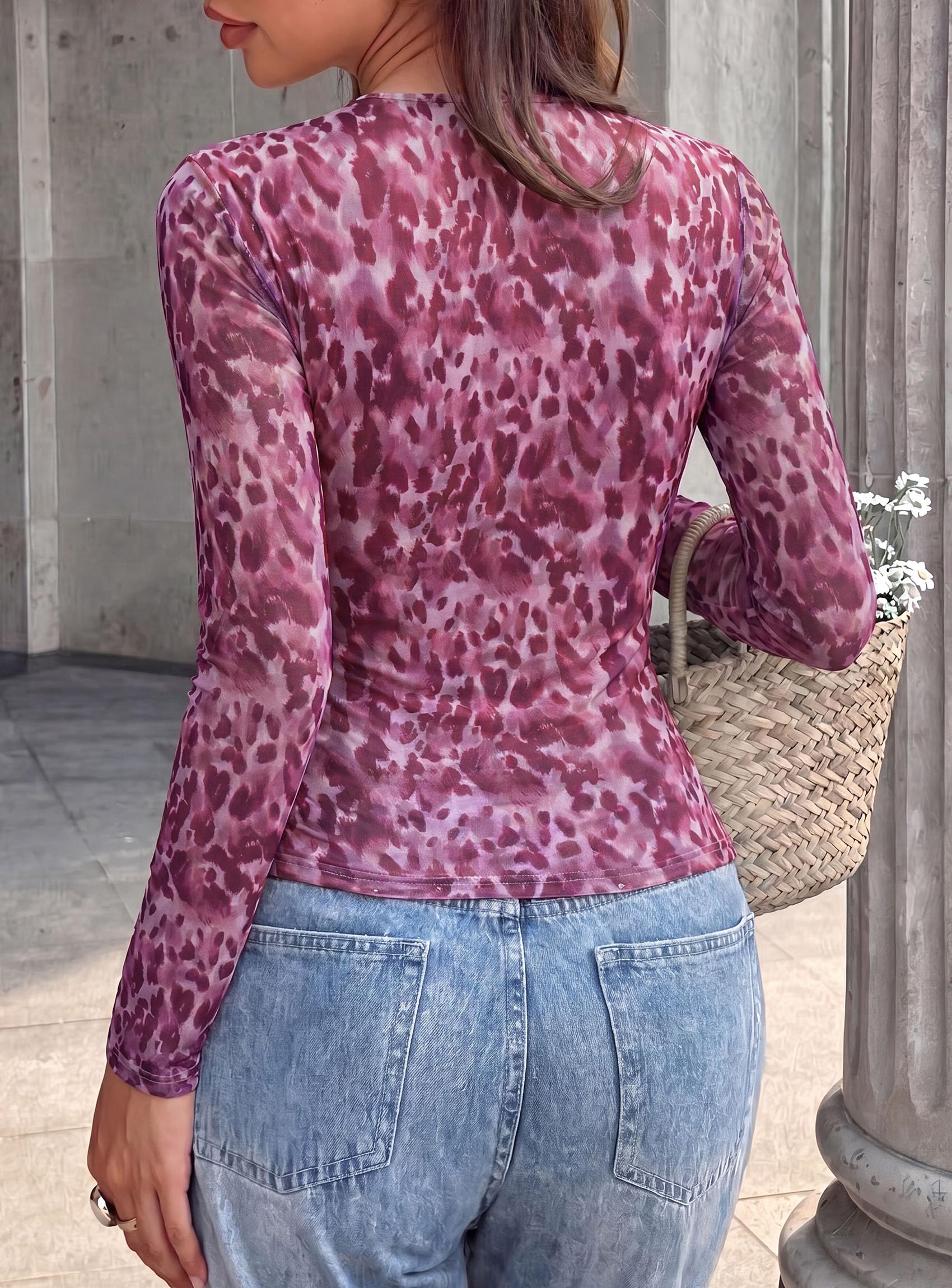 Womens Mesh Wrap Dressy Top Floral V Neck Long Sleeve Shirts