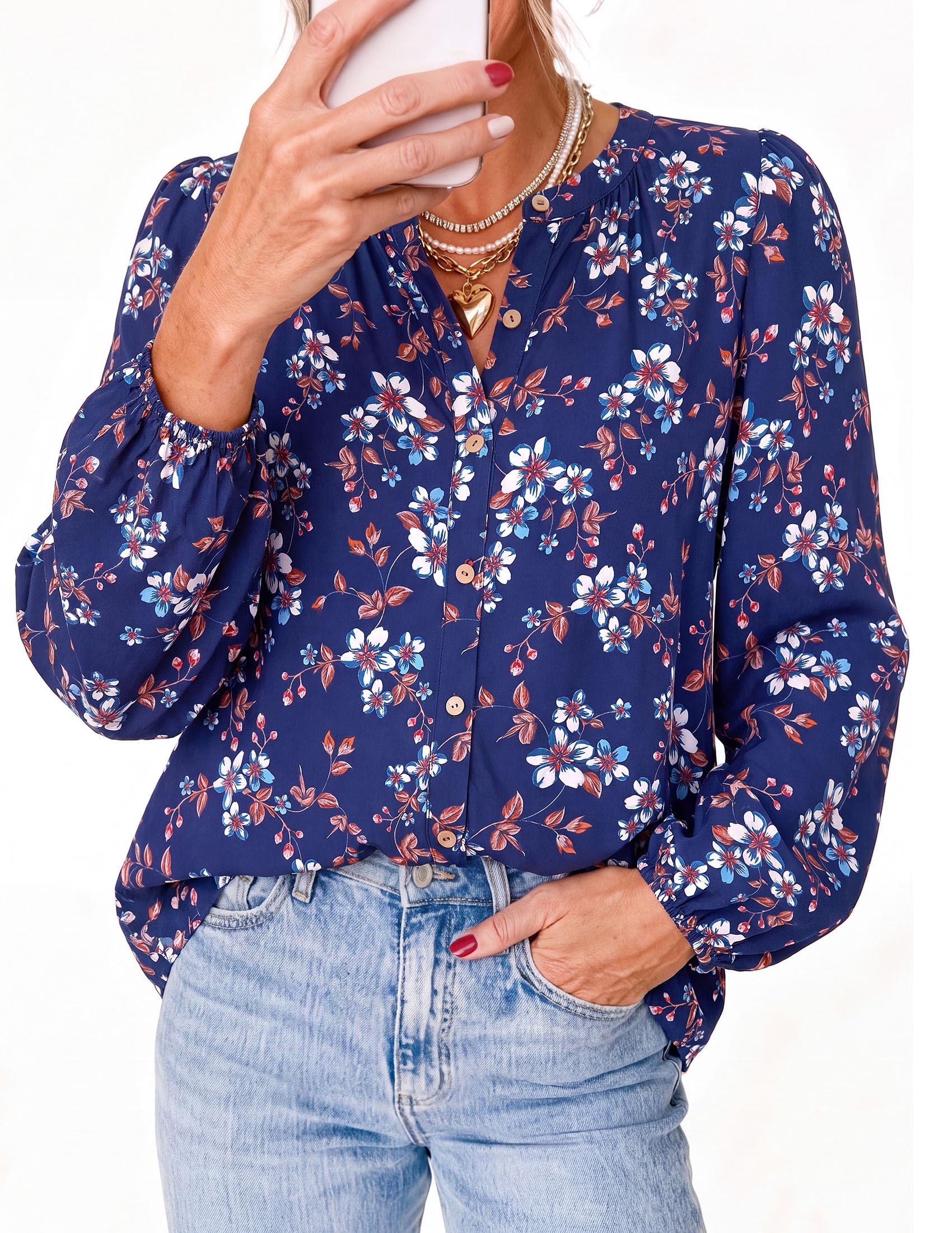 Women's Boho Tops Fall Long Sleeve Button Down Floral Blouses