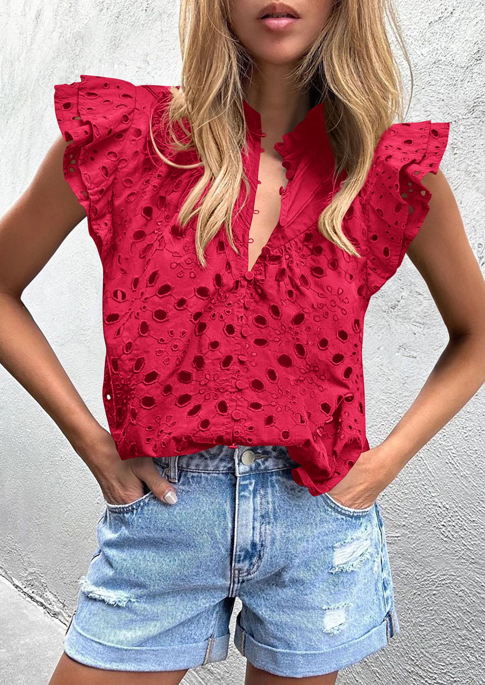 Women's Eyelet V Neck Summer Tops Dressy Casual Red,S