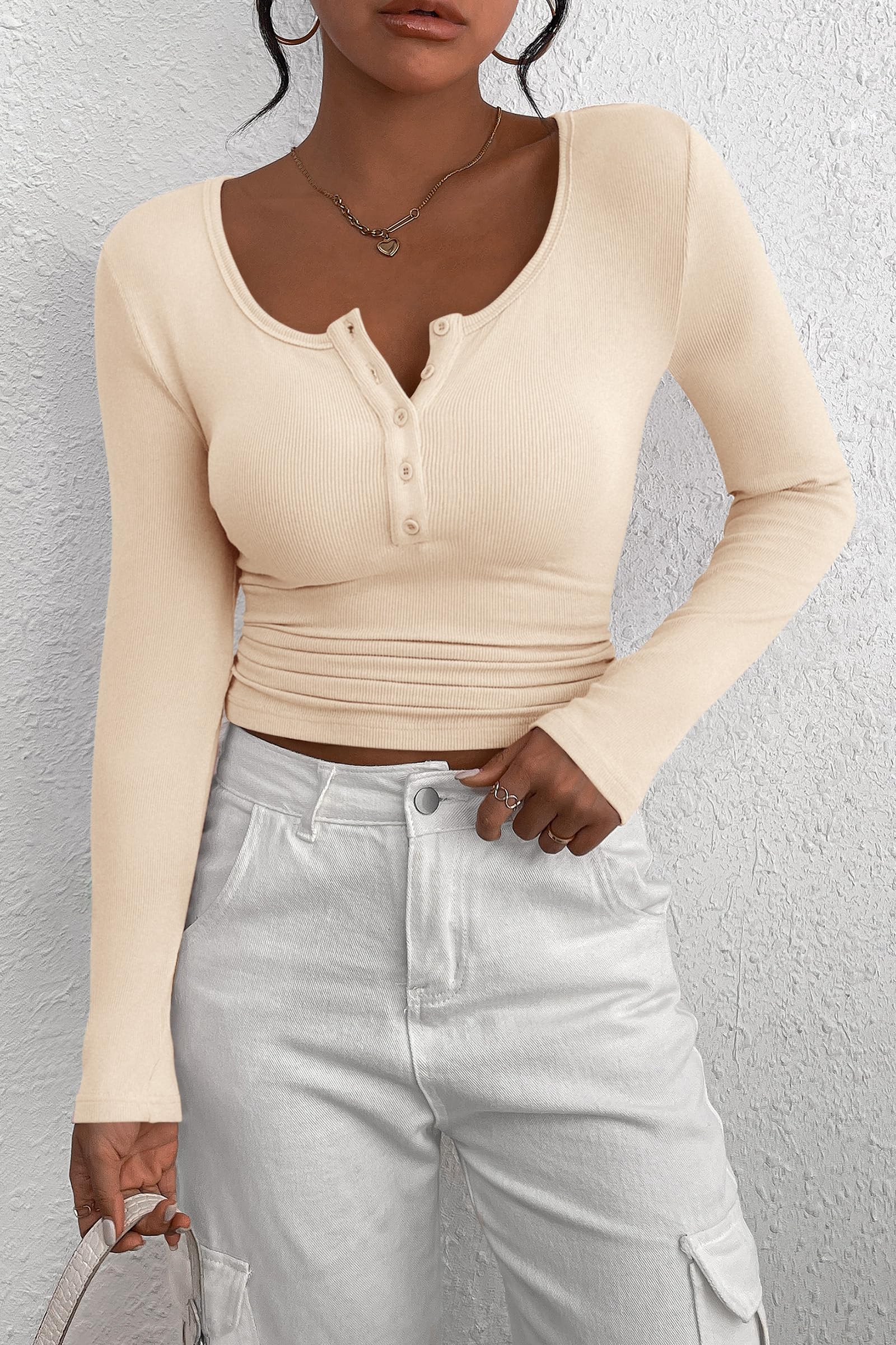Women's Fall Long Sleeve Henley T Shirts Beige