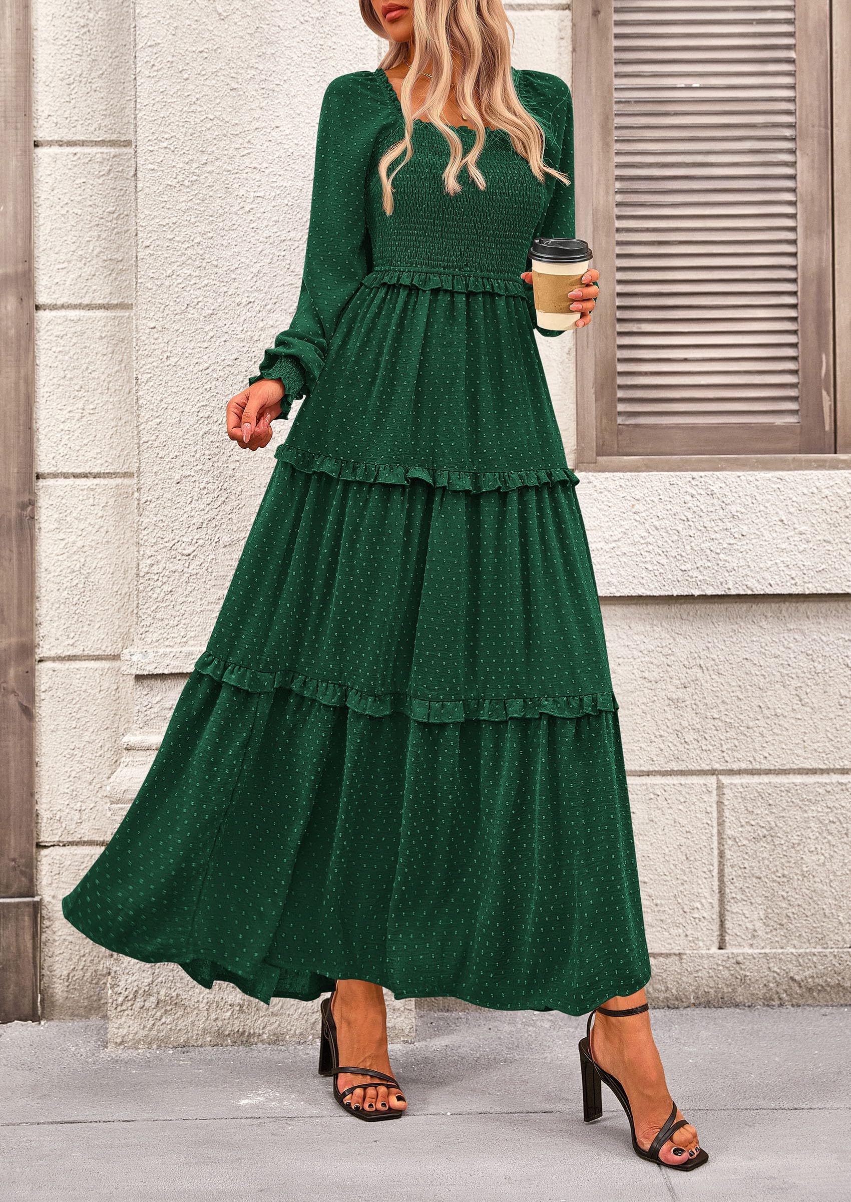 Women's Smocked Long Sleeve Maxi Dress Wedding Guest Dresses