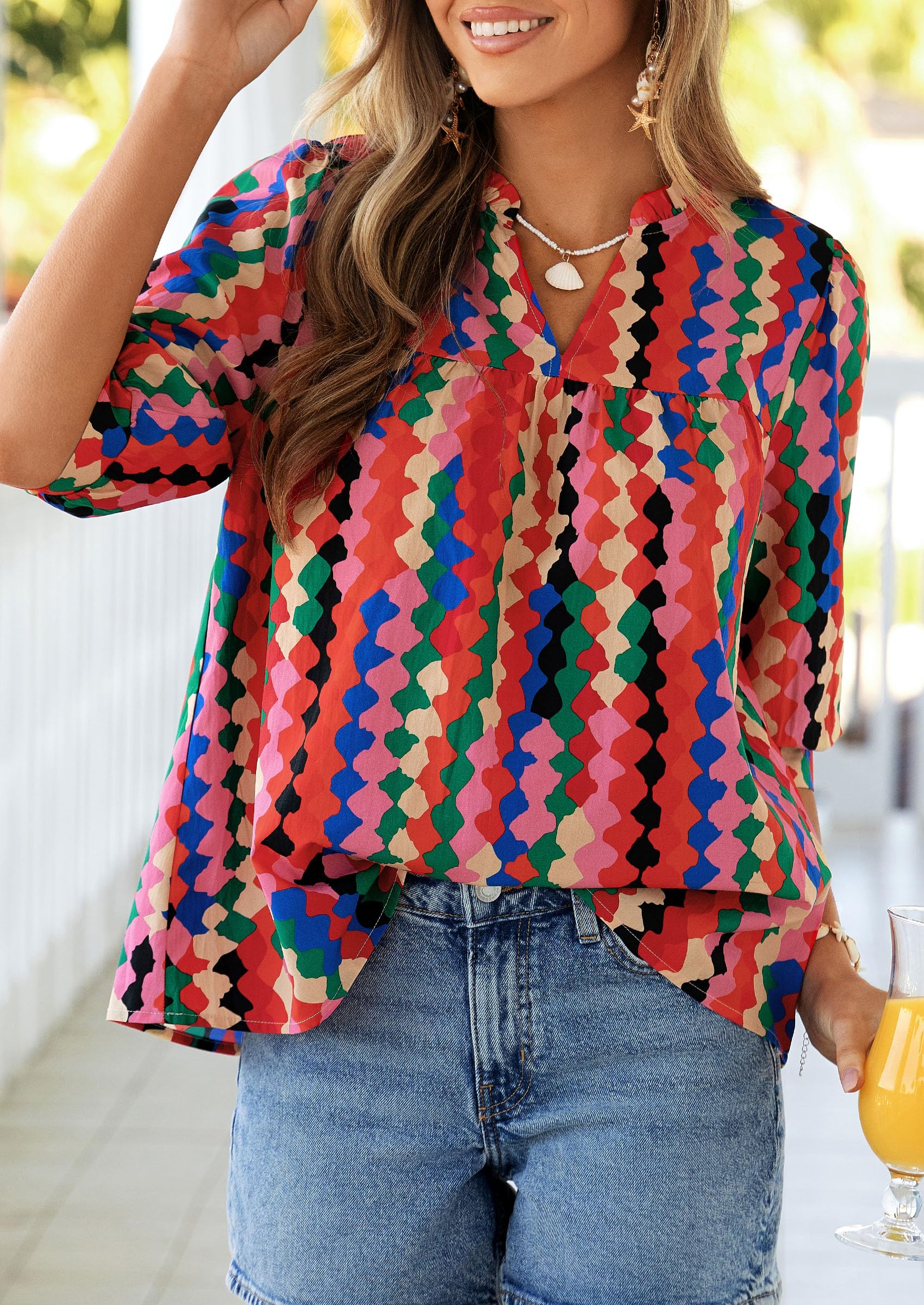 Women's Summer Floral Boho Dressy Casual Tops Multicolored