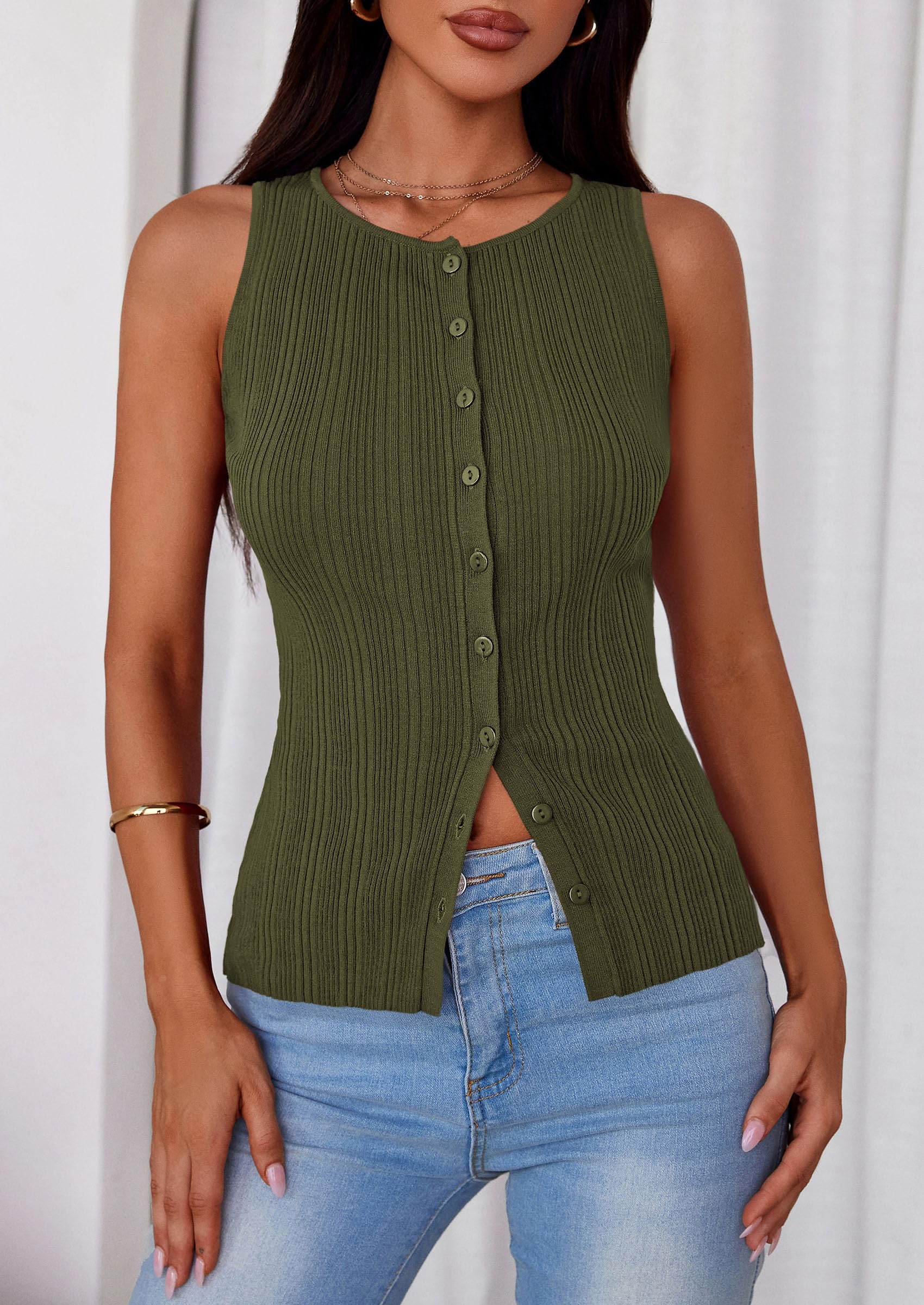 Sleeveless Button Down Shirts for Women Summer 2026 Going Out Ribbed Knit Tank Tops Y2K Clothes Trendy Vest Tops Army Green