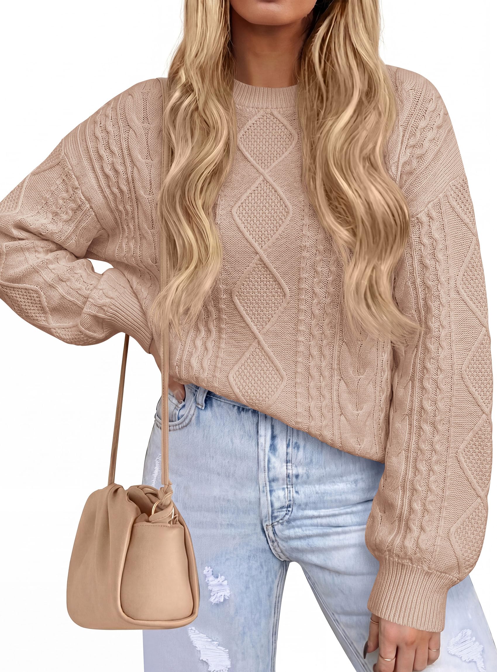 Women's Crewneck Cable Knit Sweater Pullover Tops Khaki