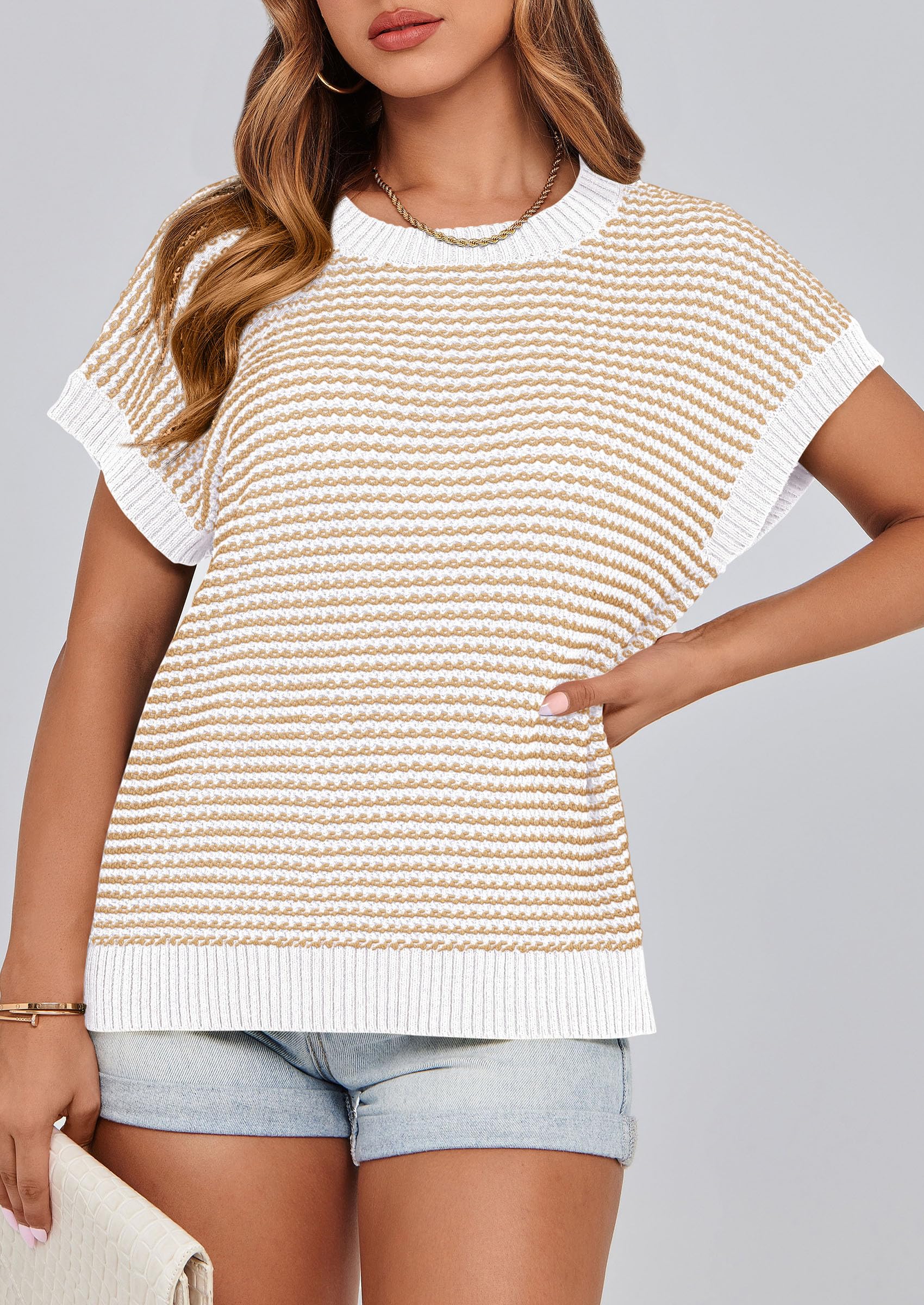 Women's Striped Short Sleeve Sweater Vest Apricot,S