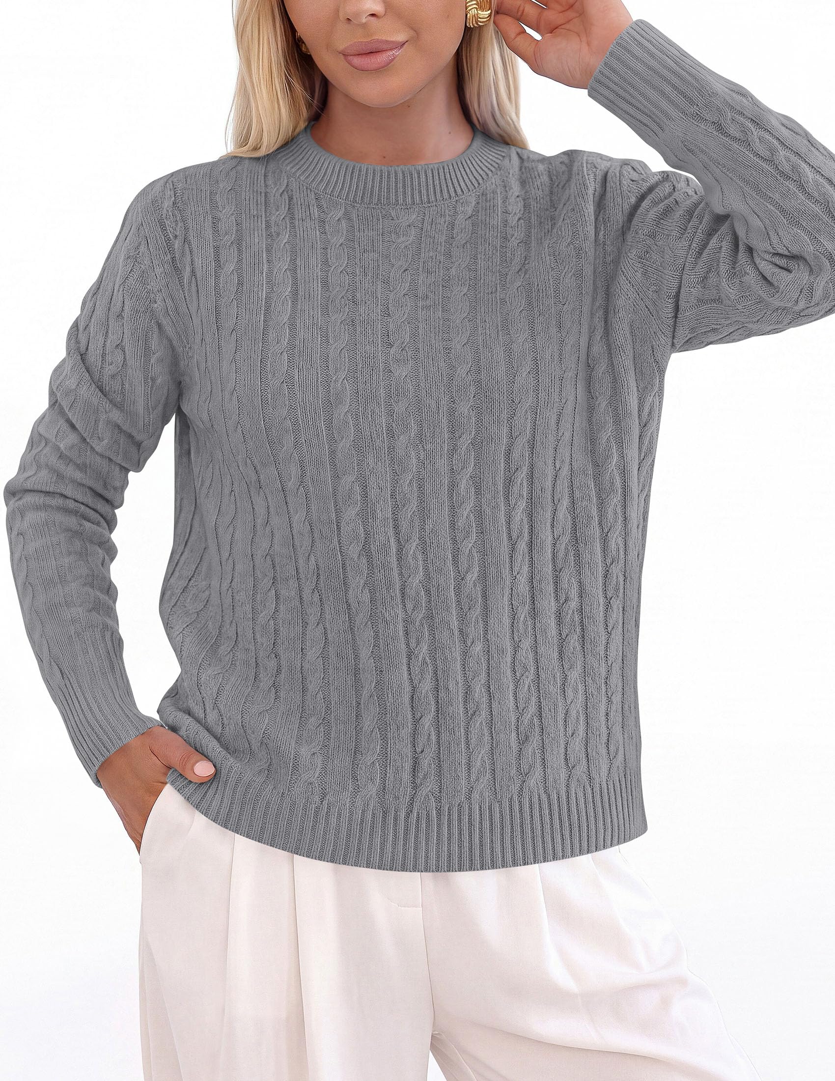 Womens Cable Knit Crewneck Fall Sweater Long Sleeve Tops 2026