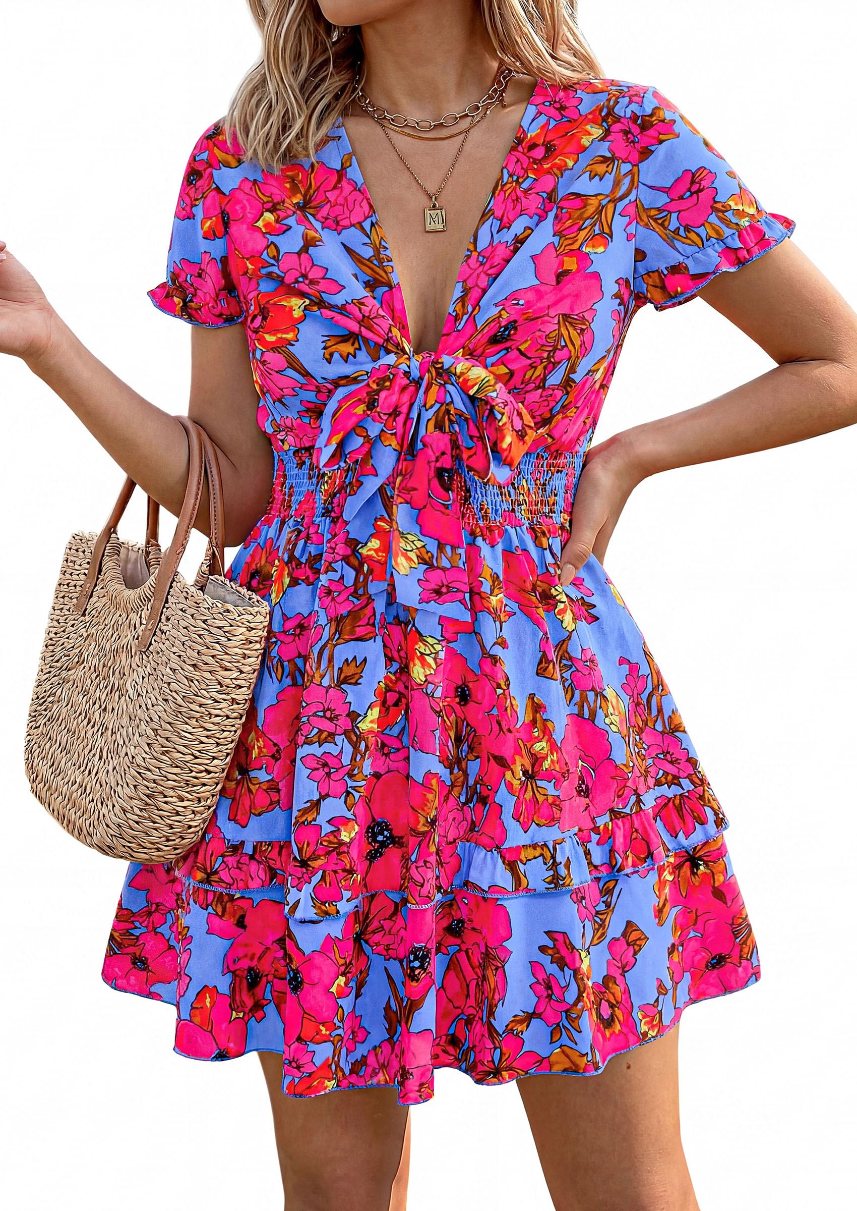 Women's Boho Floral Mini Tiered Bow Dress, Floral Rose Red,S