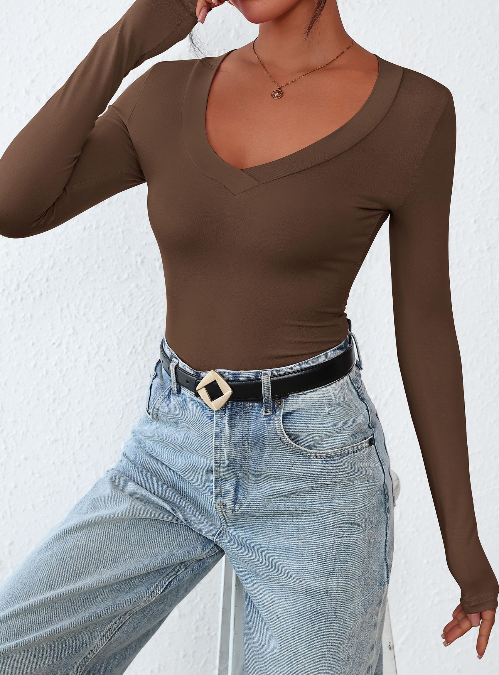 Women's V Neck Long Sleeve Shirts,Brown,X-S