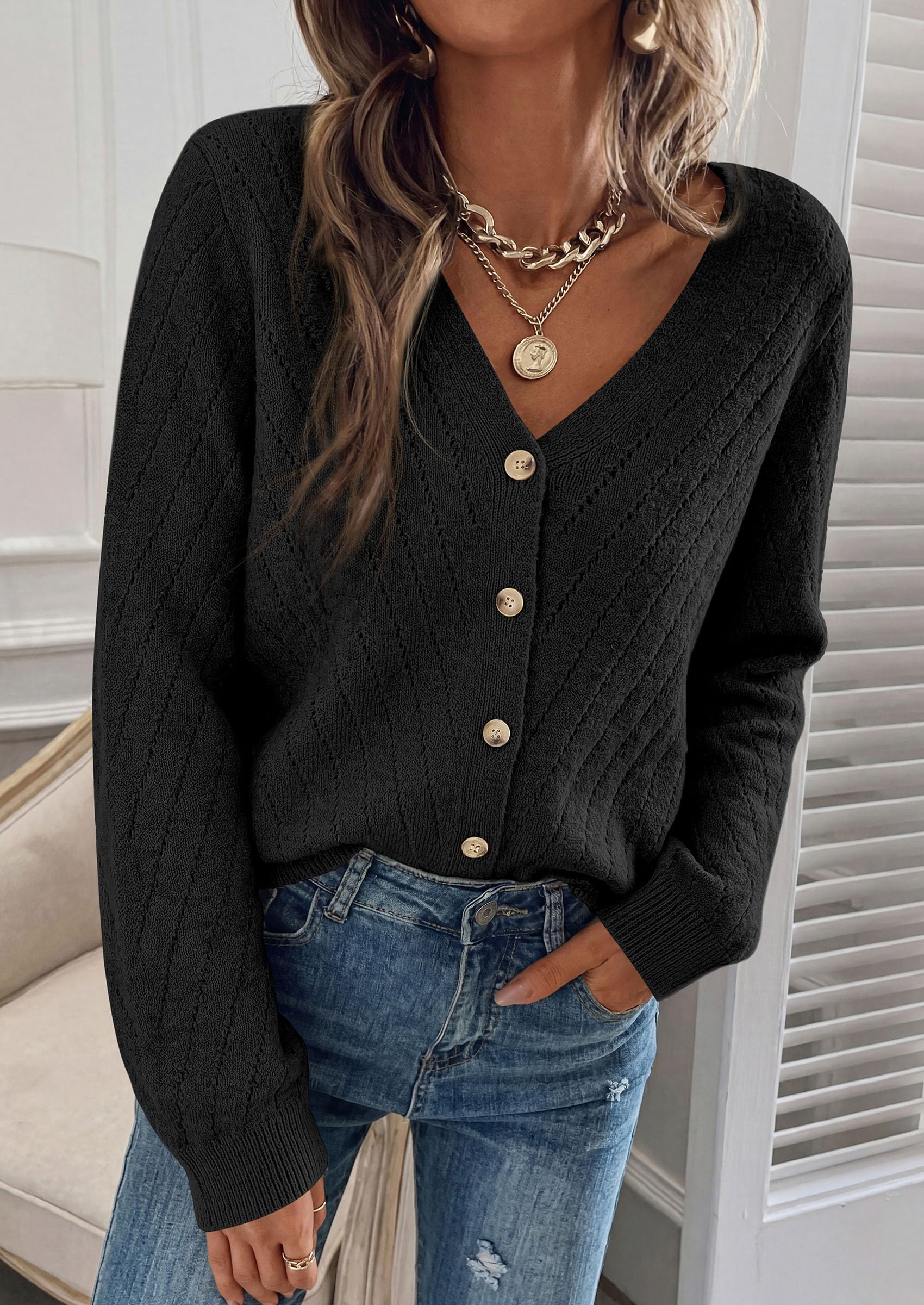 Women's Cozy Cardigan Sweater with Button (Black,S)