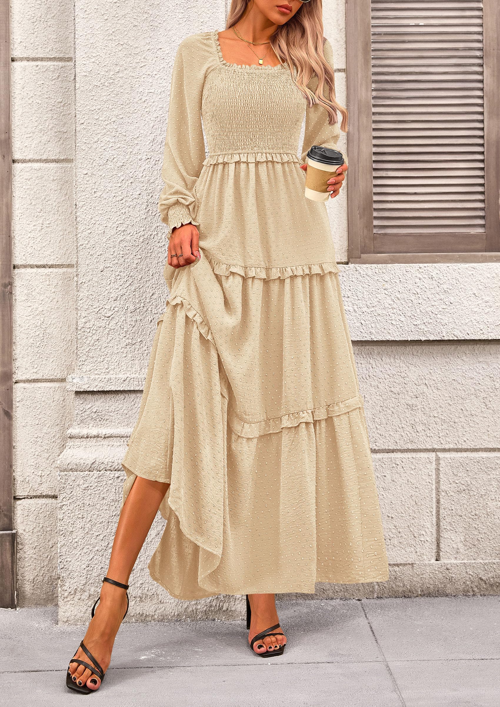 Women's Smocked Long Sleeve Maxi Dress Wedding Guest Dresses