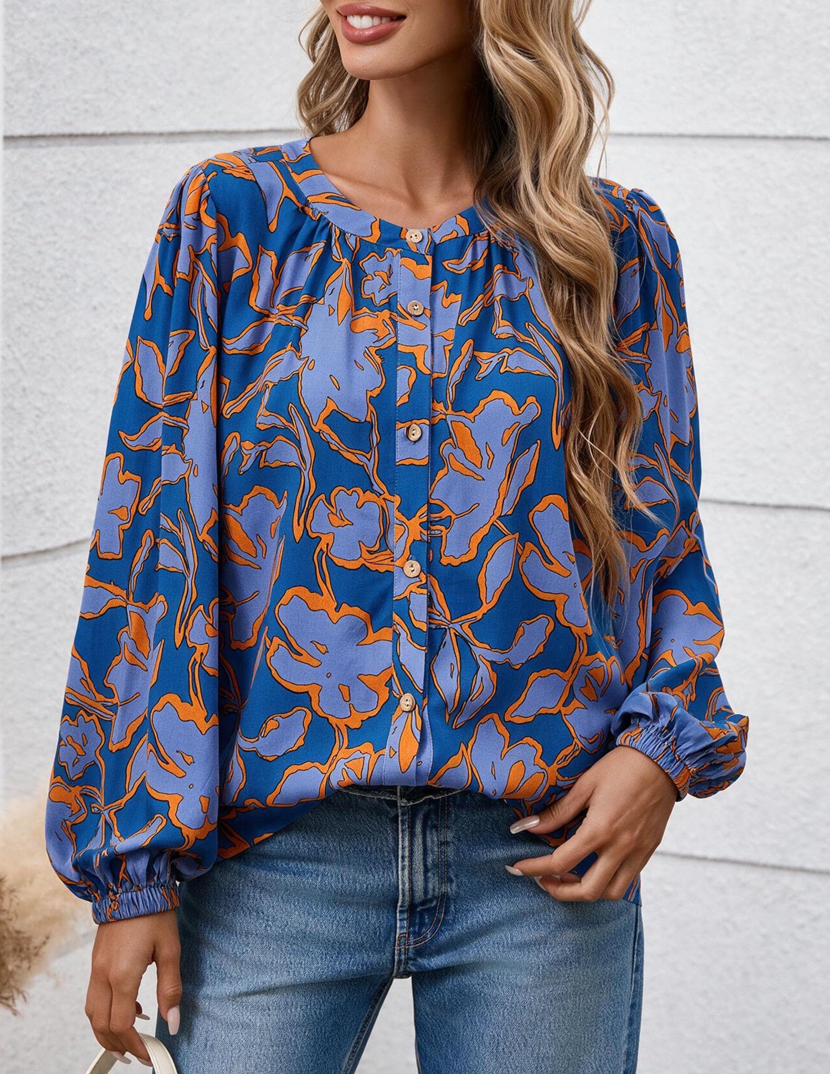 Women's Boho Tops Fall Long Sleeve Button Down Floral Blouses