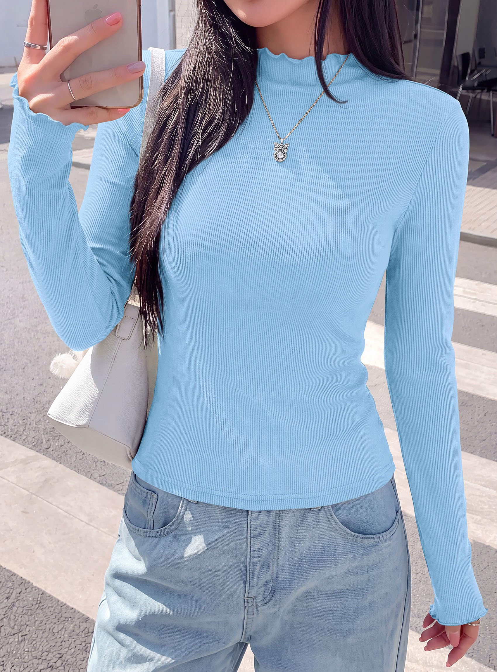 Women's Long Sleeve T Shirts Lettuce Trim Mock Neck Tops