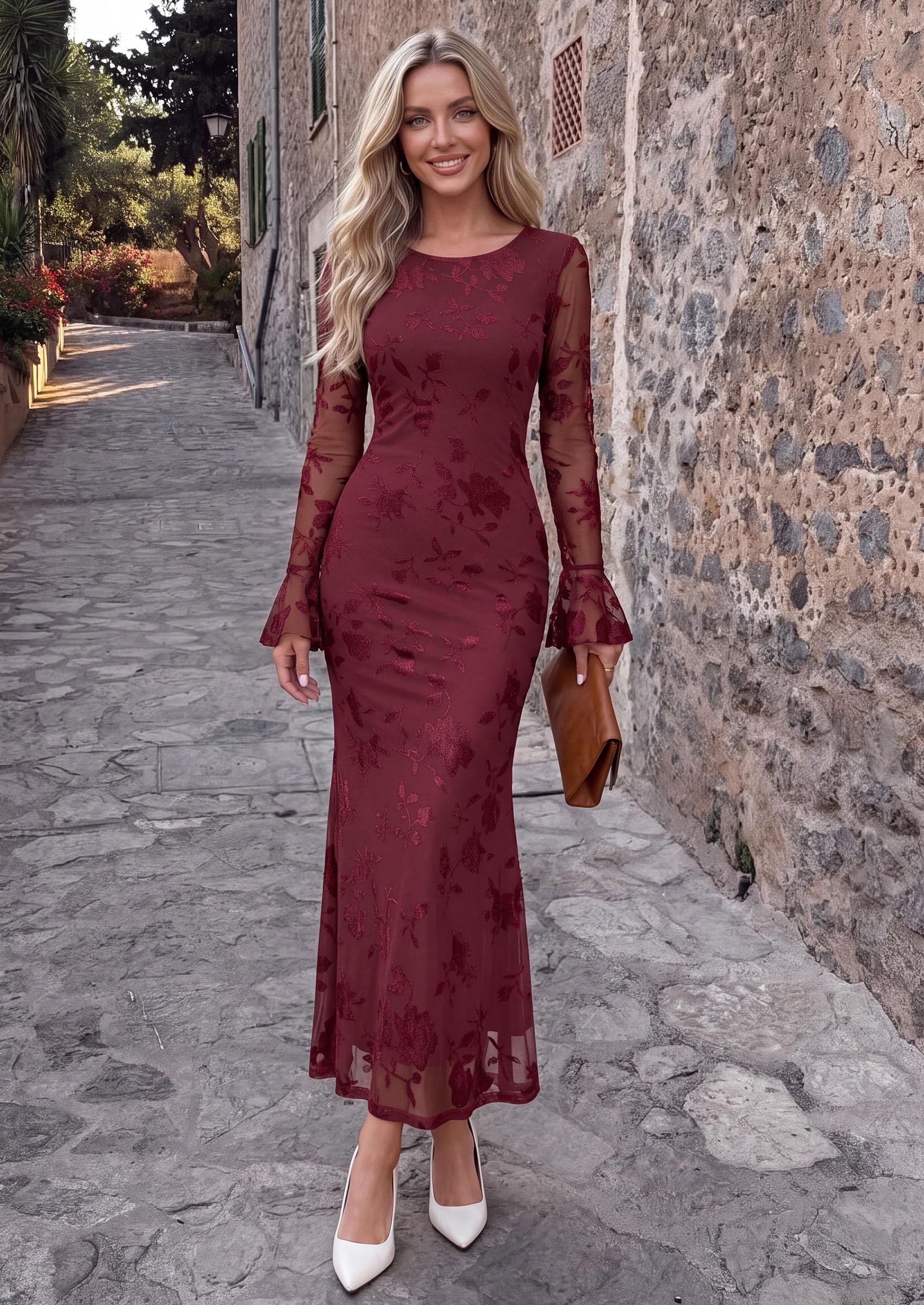 Women's Long Sleeve Maxi Floral Mesh Fall Wedding Guest Dress