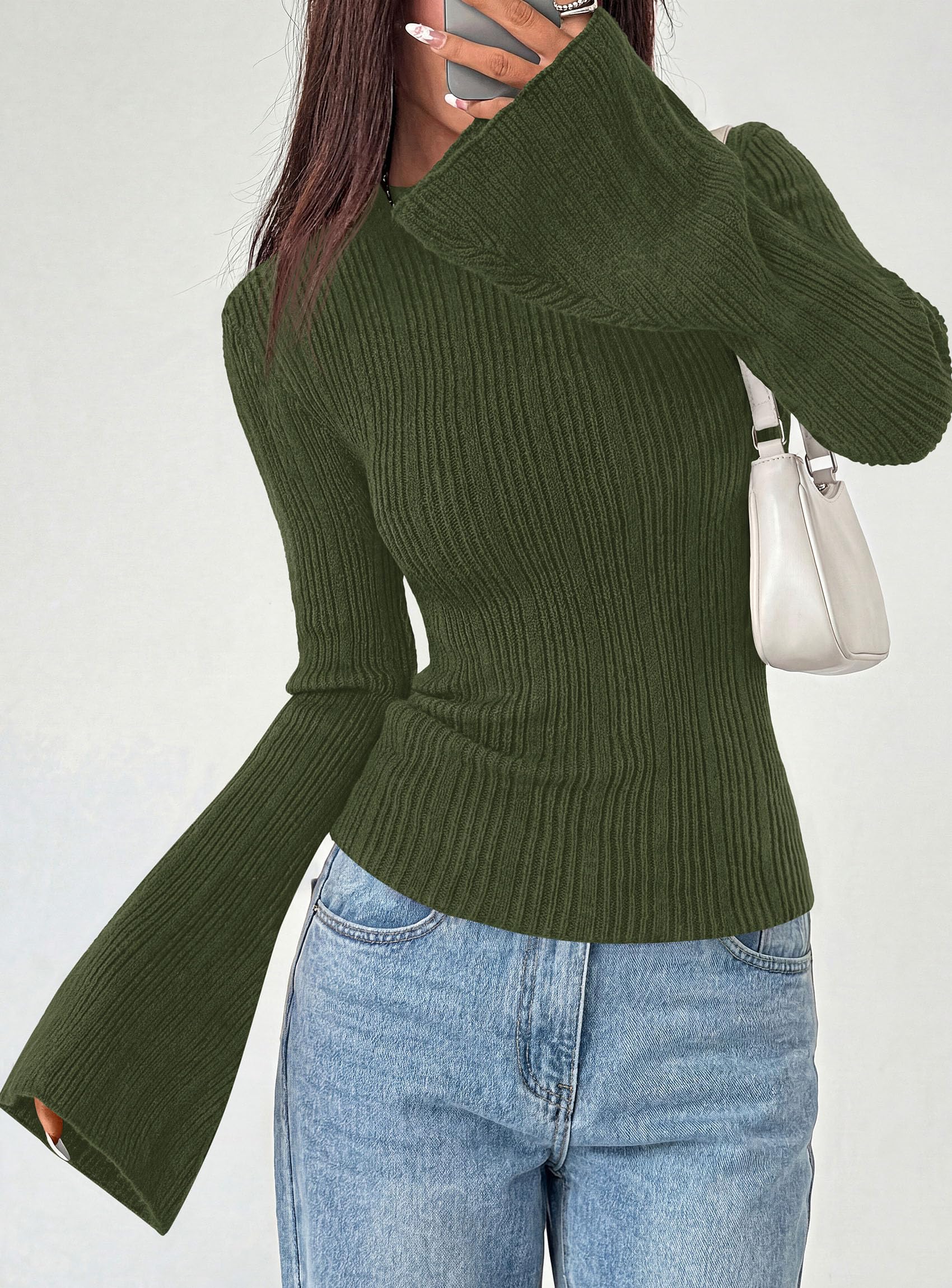 Womens Bell Long Sleeve Tops Mock Neck Sweaters,Army Green,S