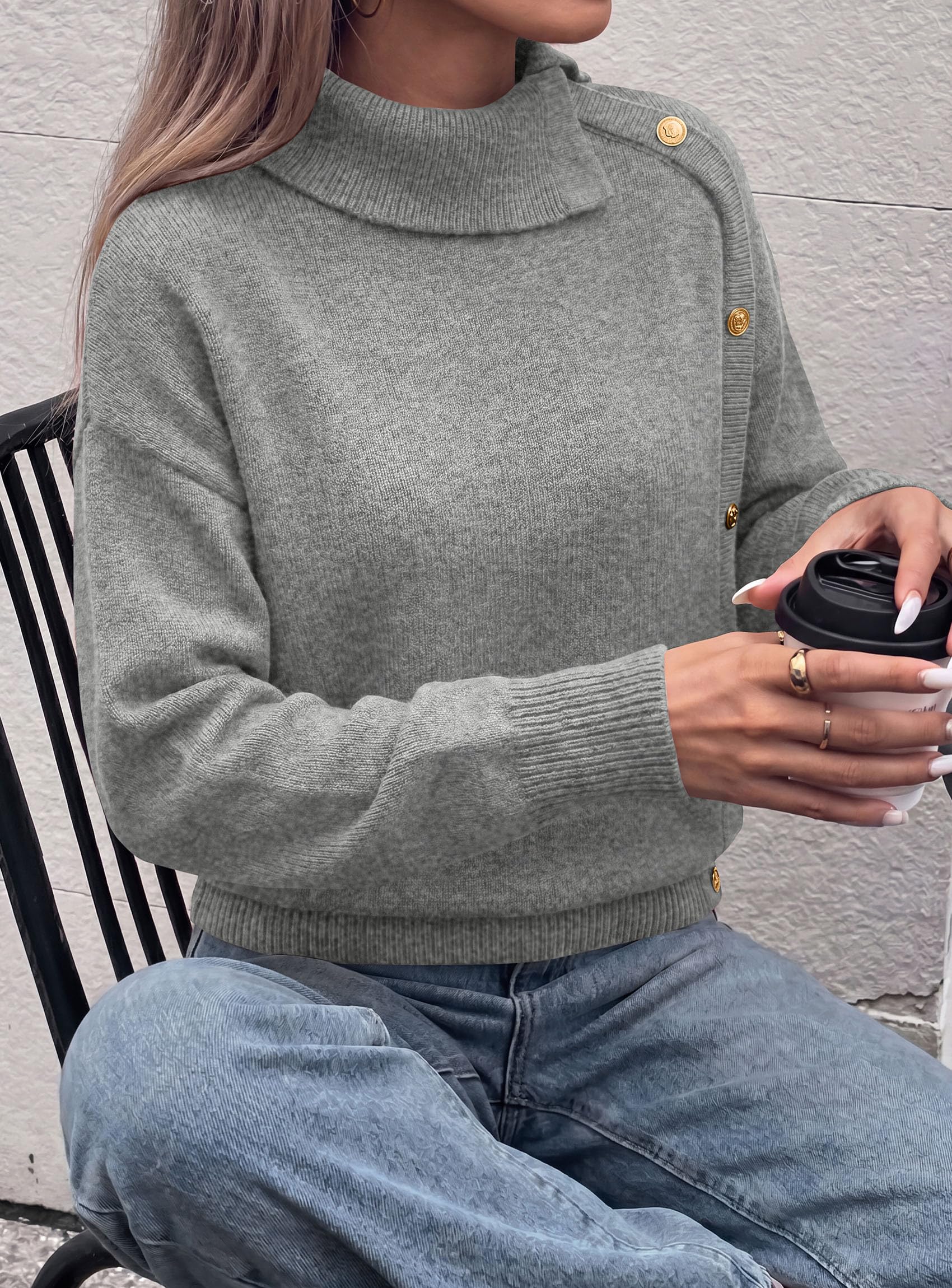 Womens Turtleneck Sweater Pullover Side Button Fall Clothes
