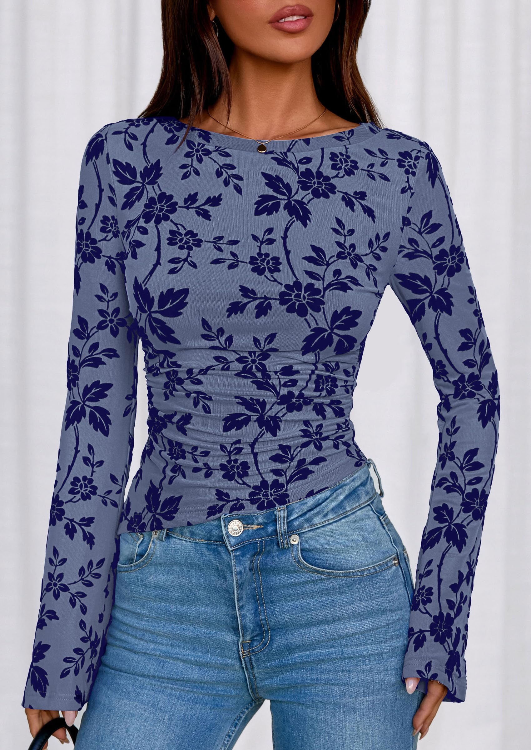 Women's Long Bell Sleeve Y2K Tops Boho Floral Mesh Blouses