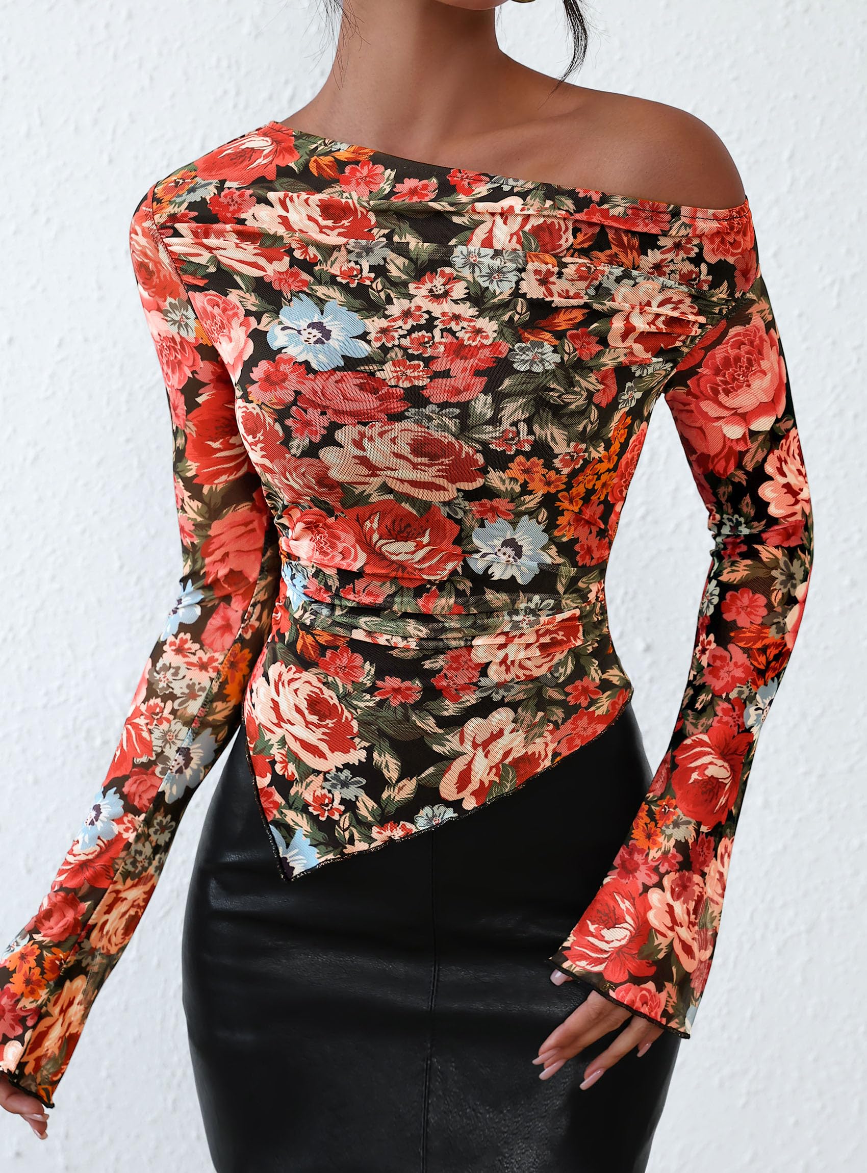 Womens Off Shoulder Mesh Y2k Tops,Floral Black,XS