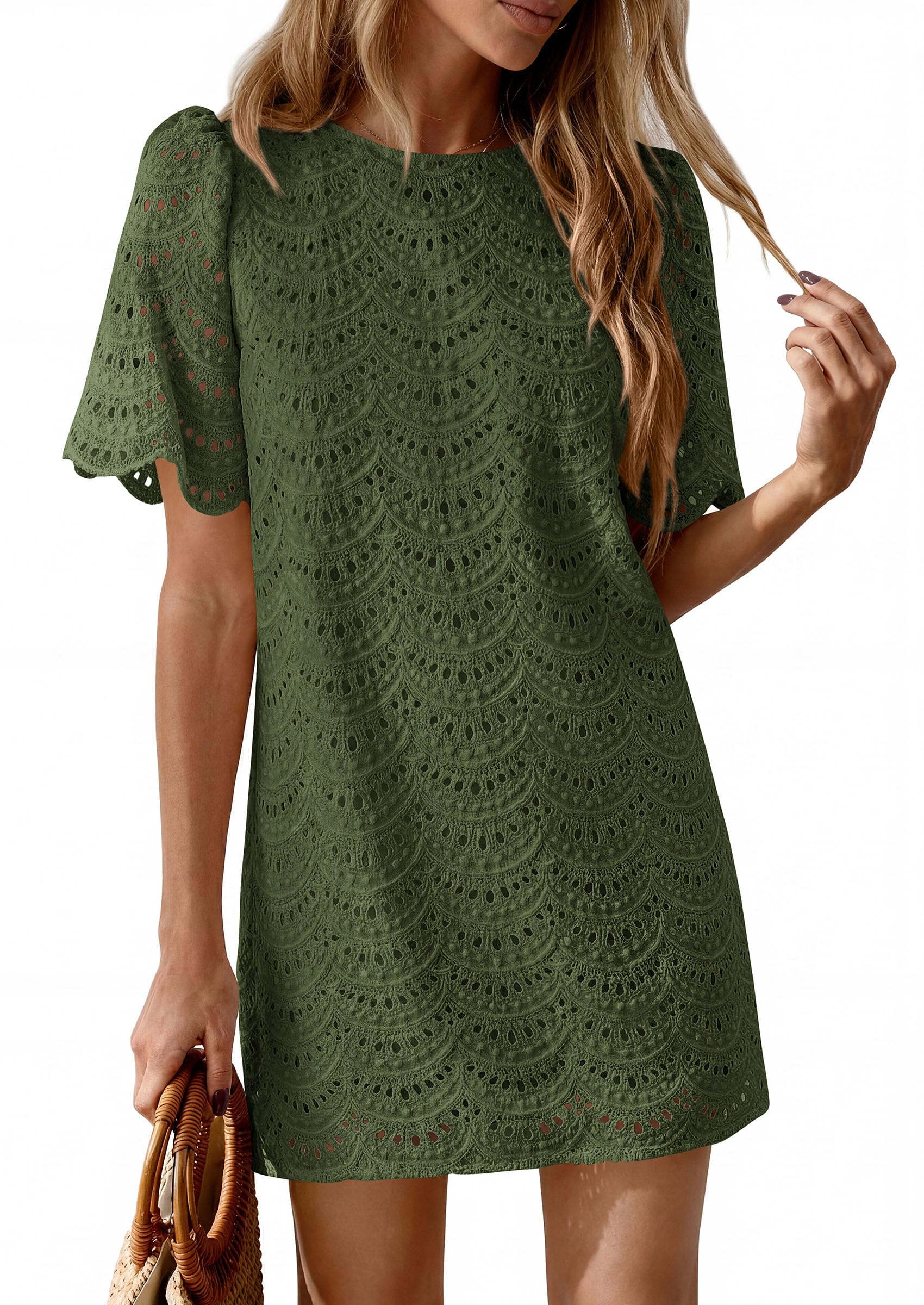 Women's Summer Eyelet Lace Short Dress (Army Green,S)