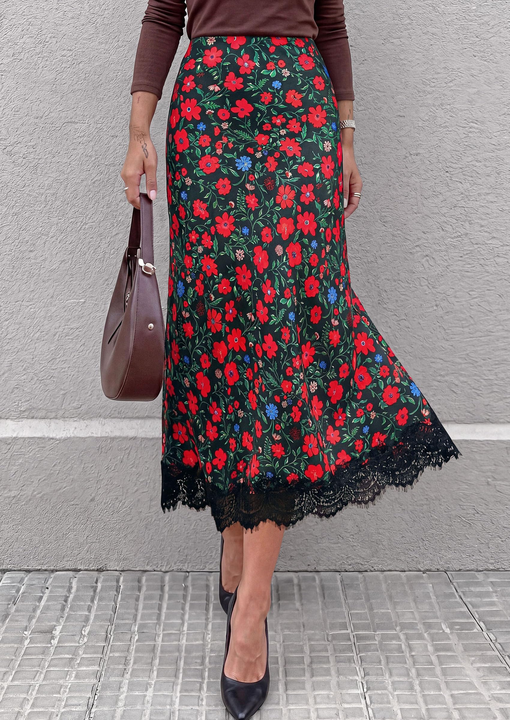 Women's Polka Dot Satin Skirt Fall Flowy Midi Leopard Skirts
