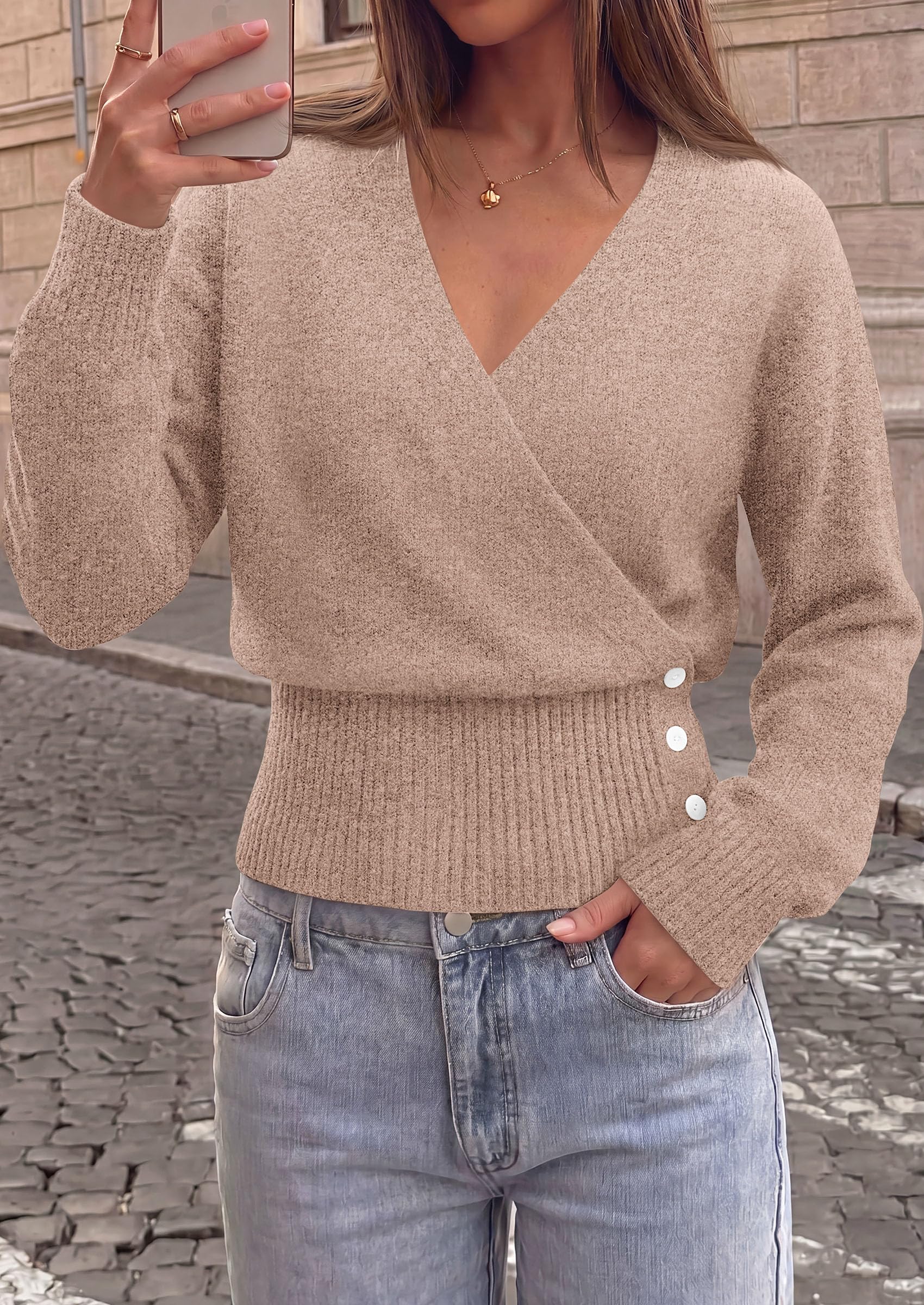 Women V Neck Wrap Sweater Cropped Tops (Khaki,L)