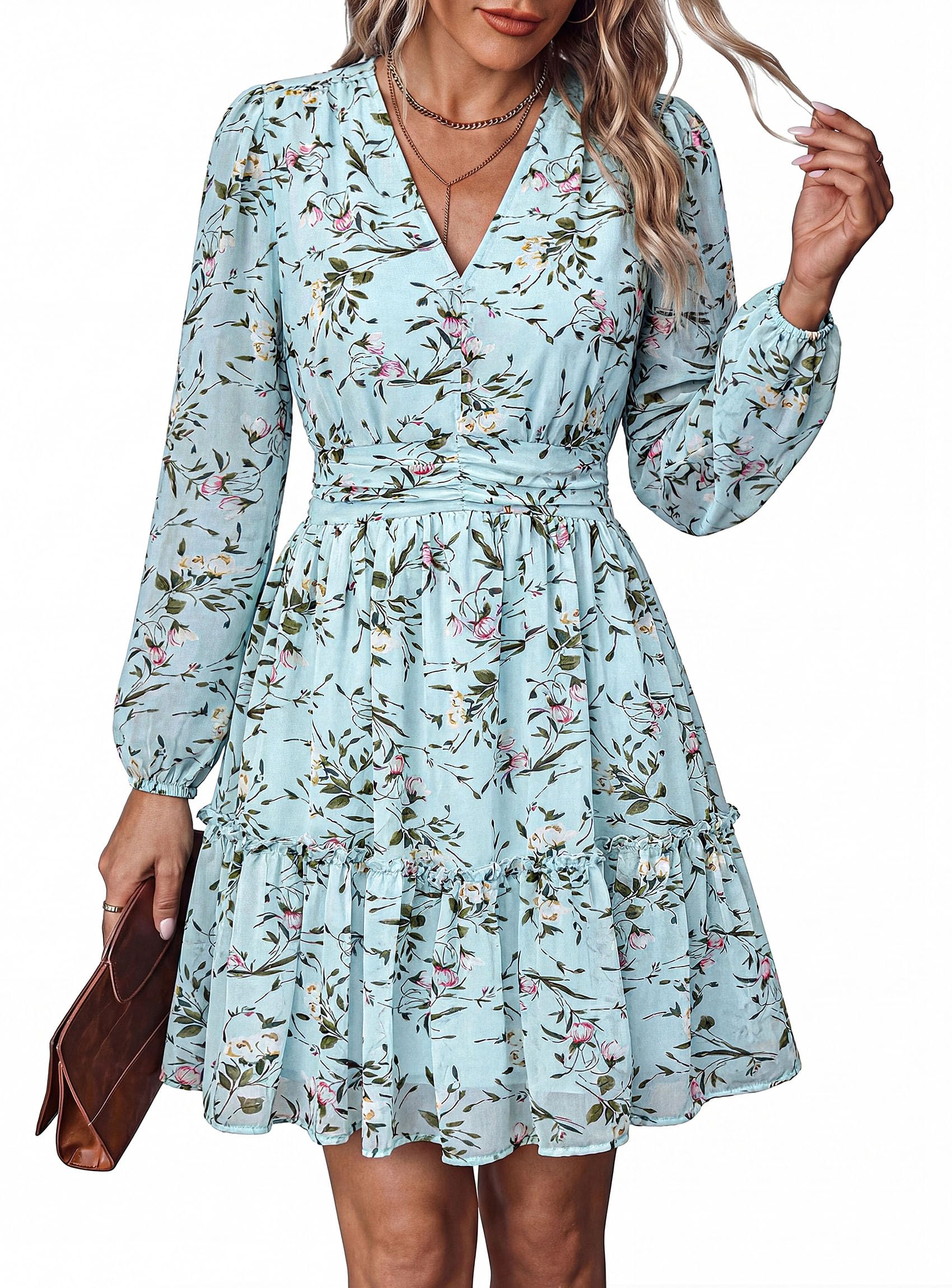 Women Floral Long Sleeve Mini Dress Fall Wedding Guest Dresses