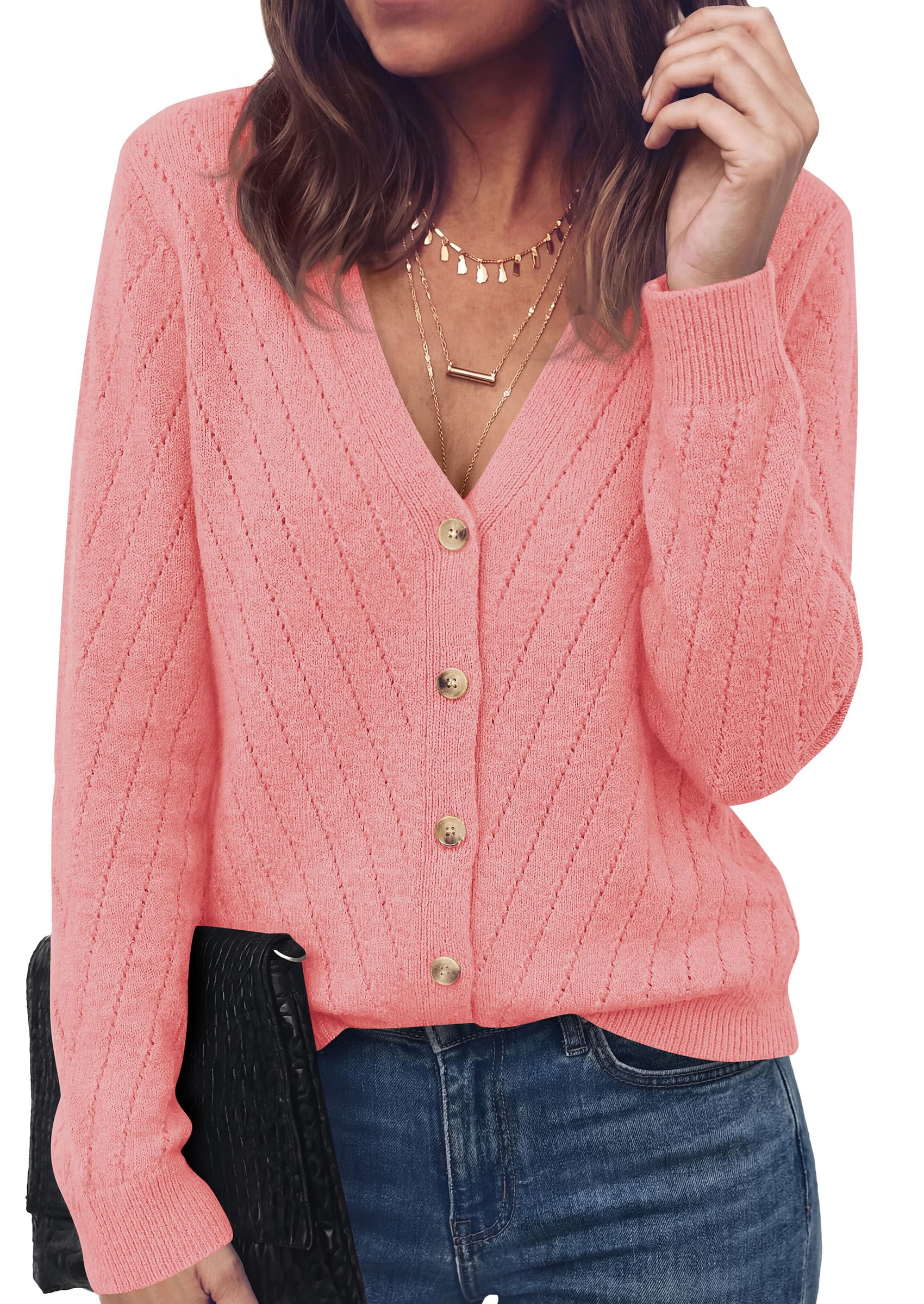 Women's Cozy Cardigan Sweater with Button (Pink,S)