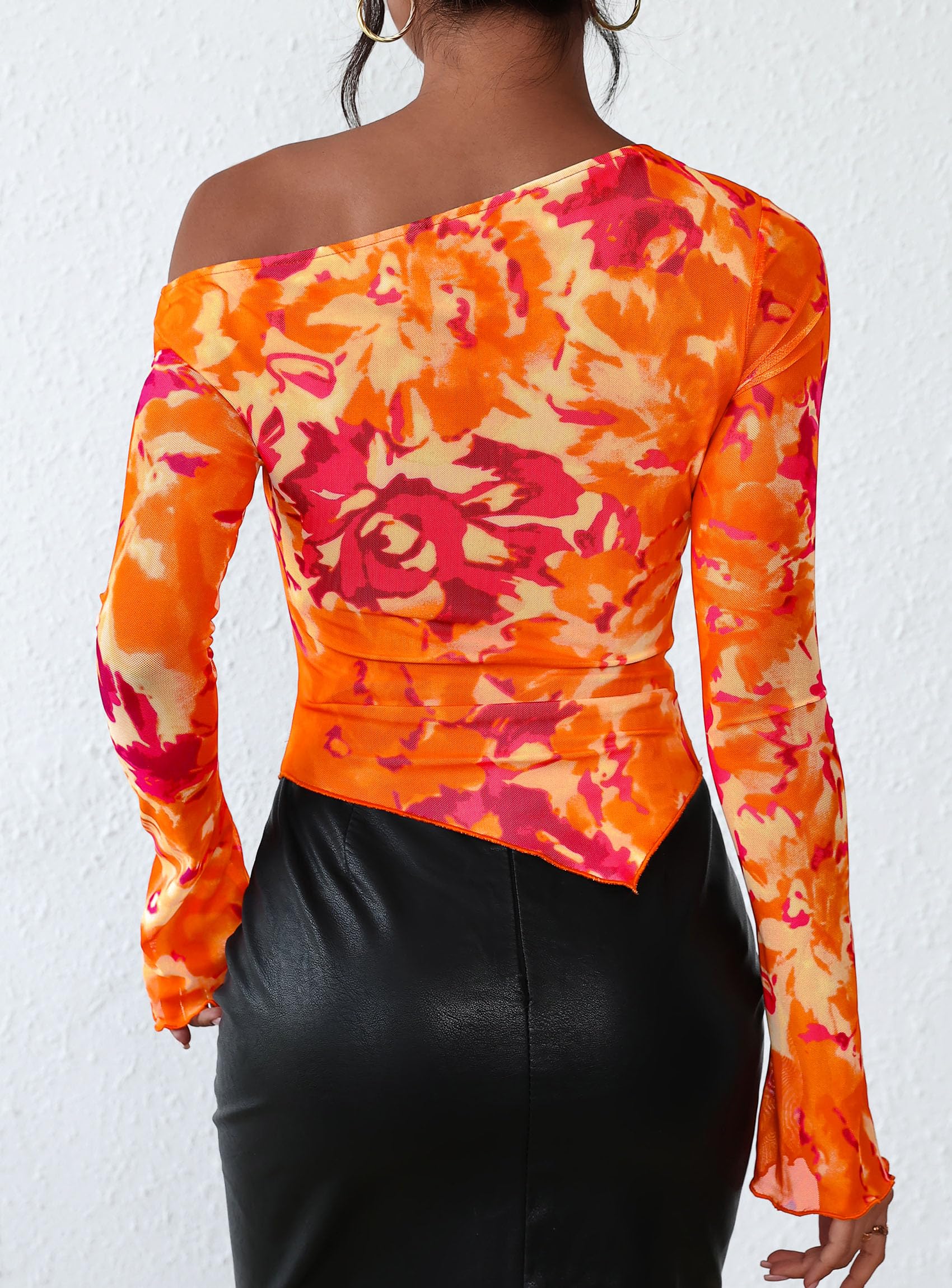 Womens Off Shoulder Mesh Y2k Tops,Floral Orange,XS