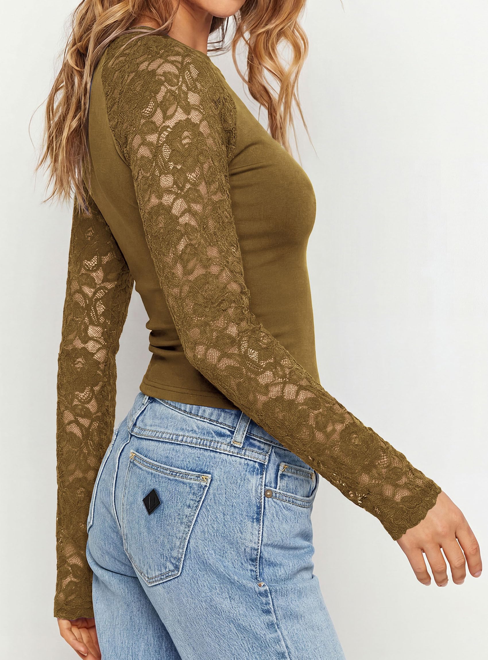 Sheer Lace Raglan Long Sleeve Shirts for Women,Light Brown,S