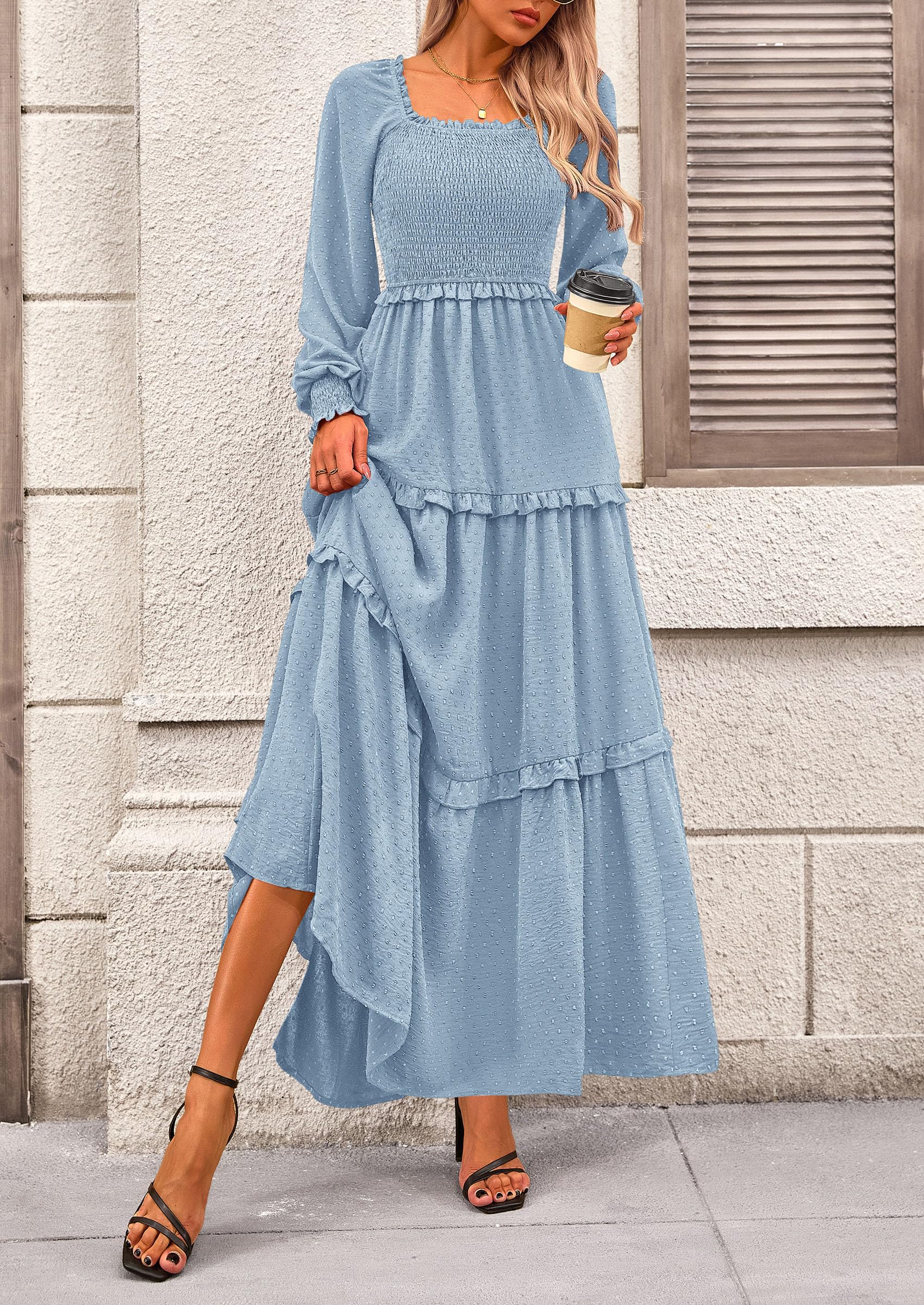 Women's Smocked Long Sleeve Maxi Dress Wedding Guest Dresses