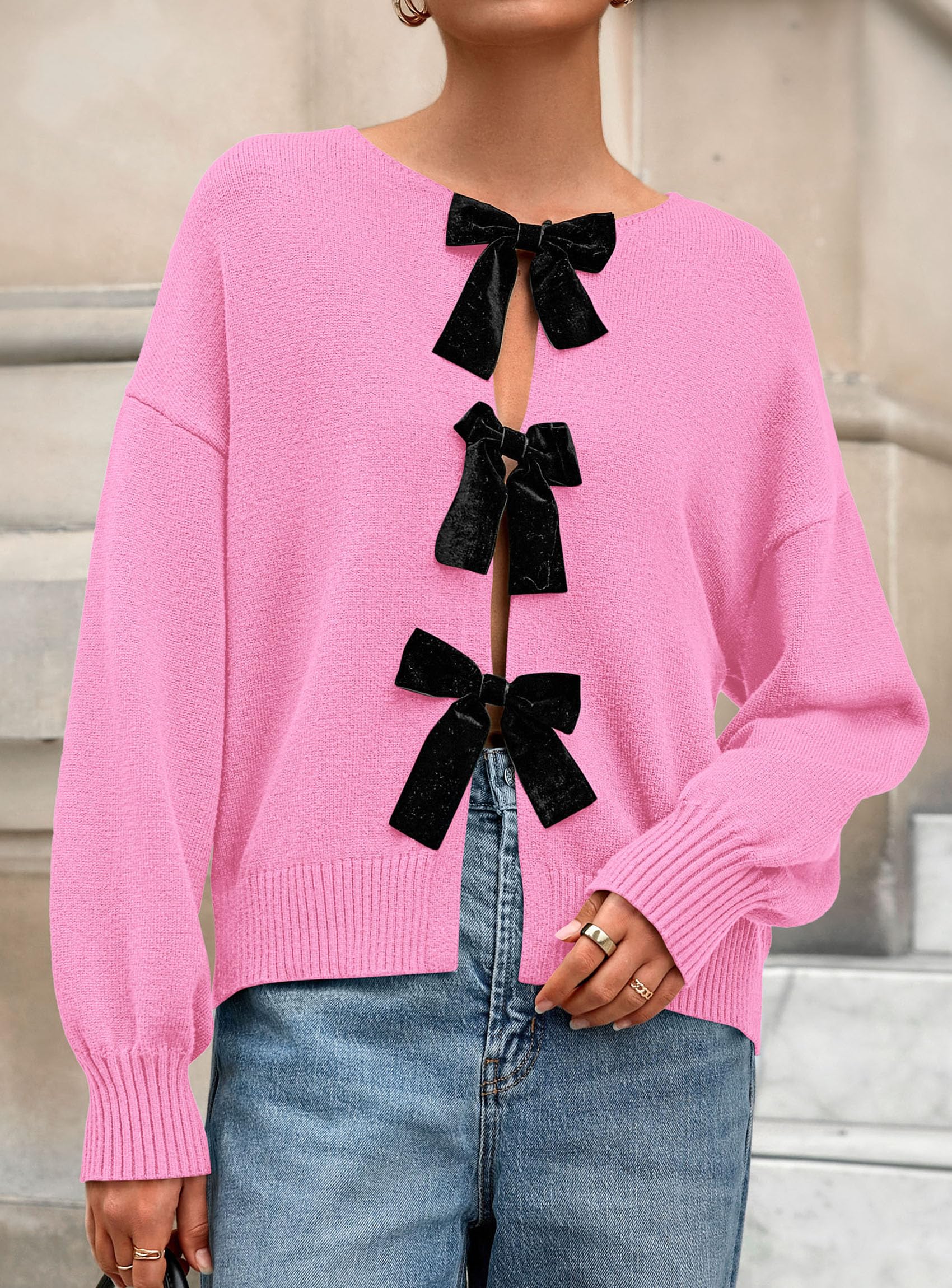 Women's Fall Bow Tie Front Cardigan Sweaters,Pink,S