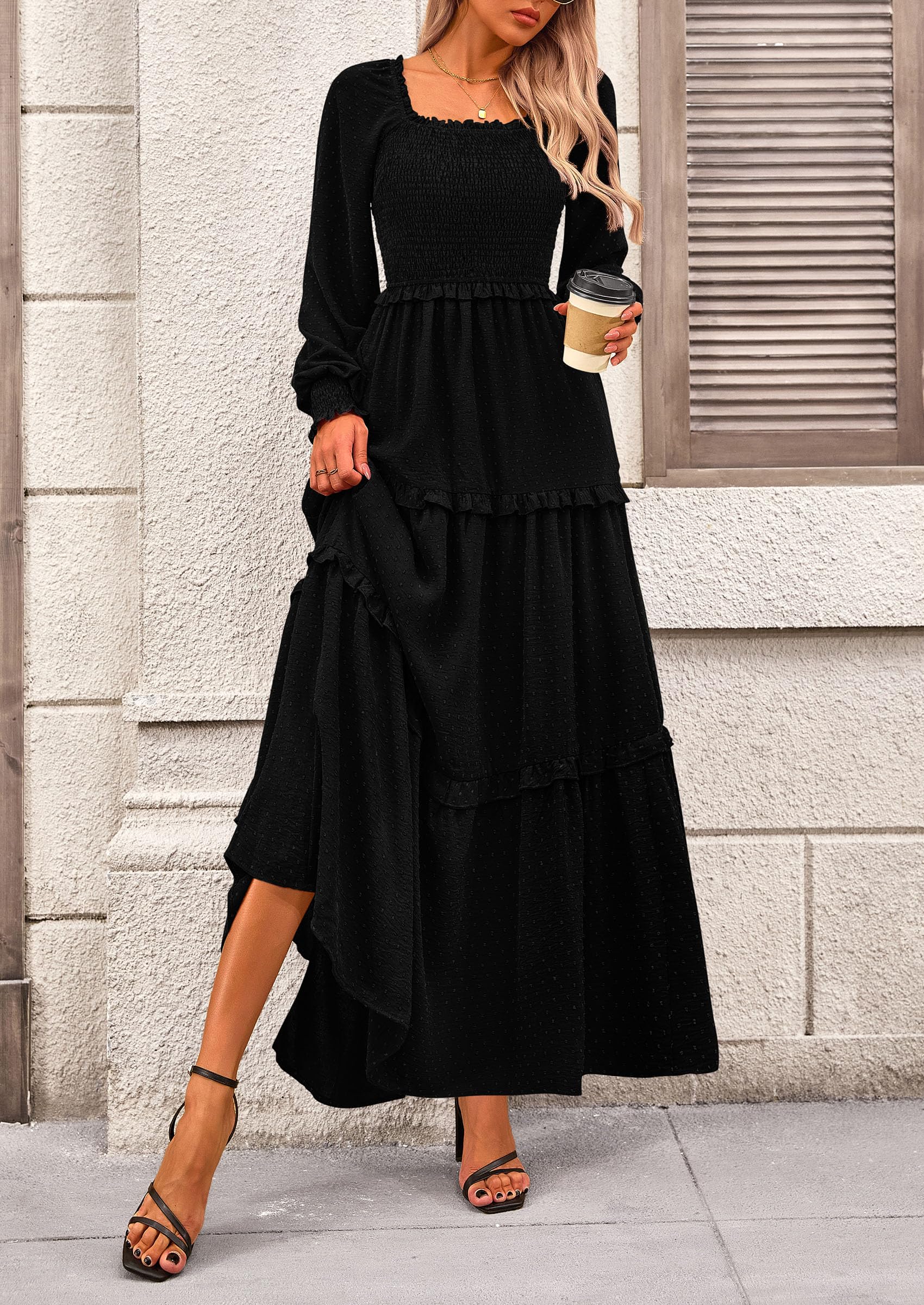 Women's Smocked Long Sleeve Maxi Dress Wedding Guest Dresses