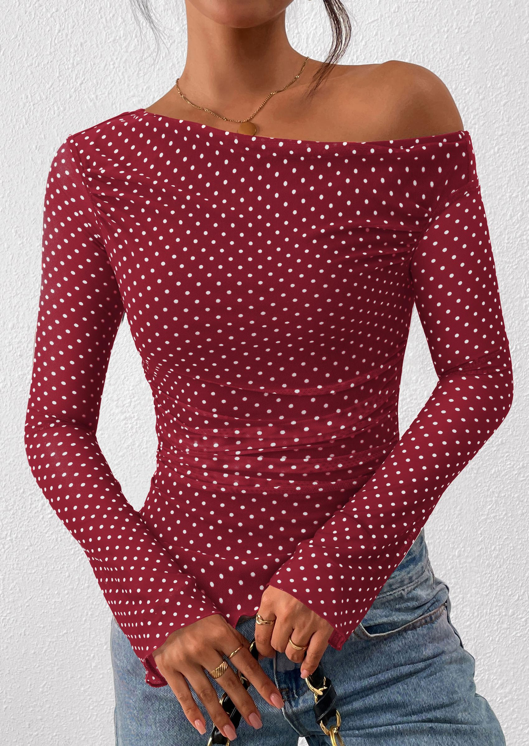 Womens Off Shoulder Mesh Y2k Tops,Small Dot Red White,XS