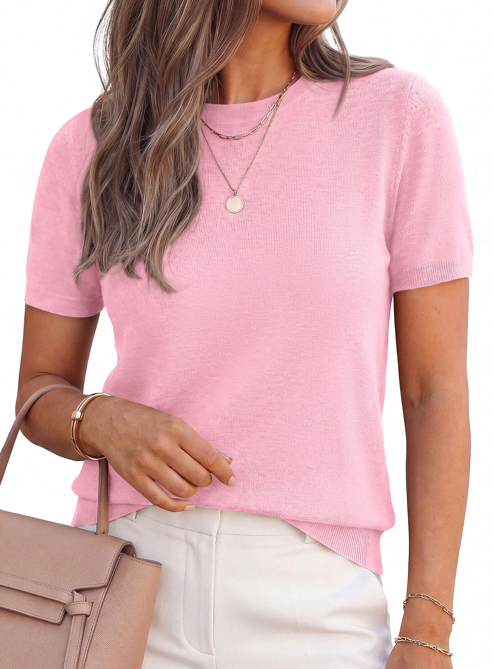 Women's Short Sleeve Sweaters Summer Tops,Pink,S