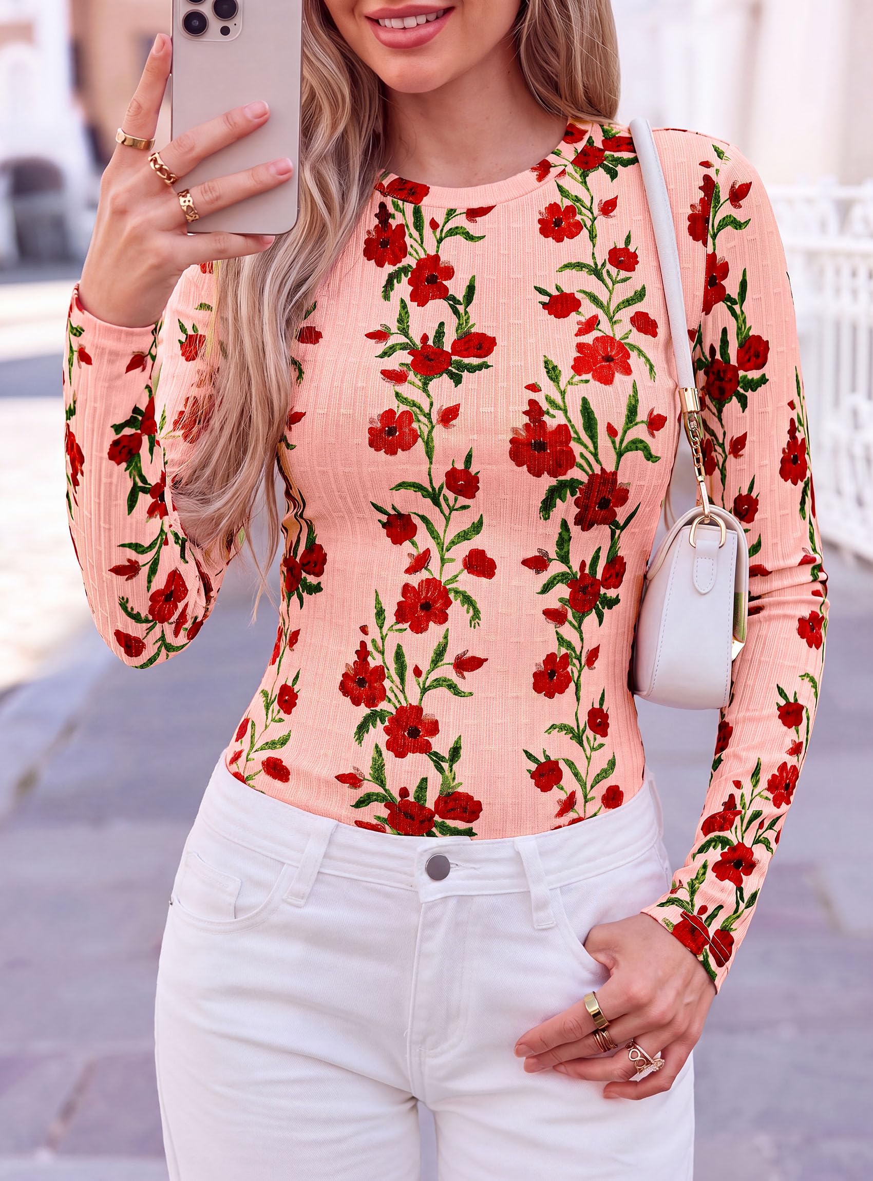 Womens Long Sleeve Shirts Floral Y2K Tops,Pink,XS