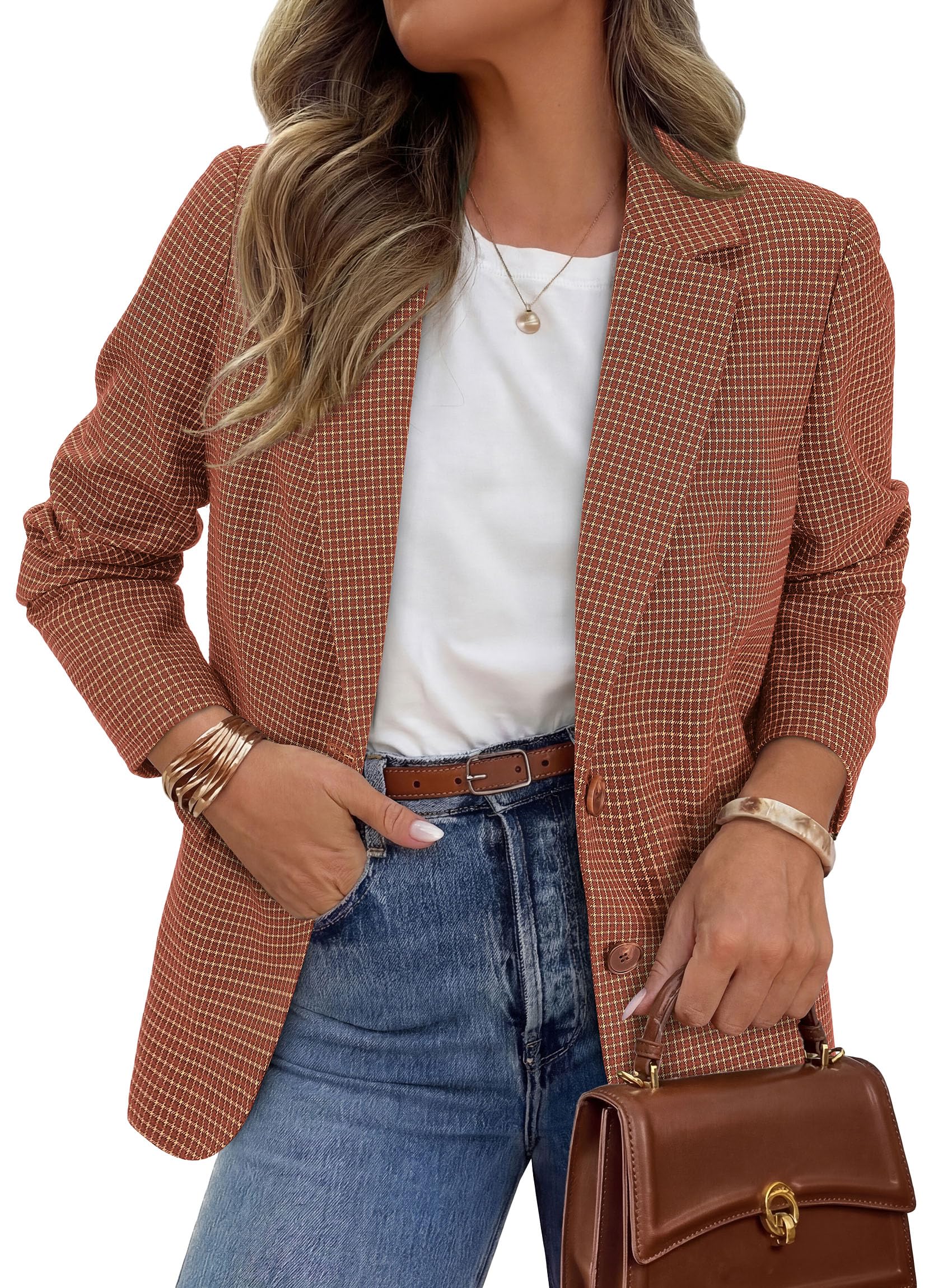 Fall Plaid Blazers for Women Business Casual Caramel S