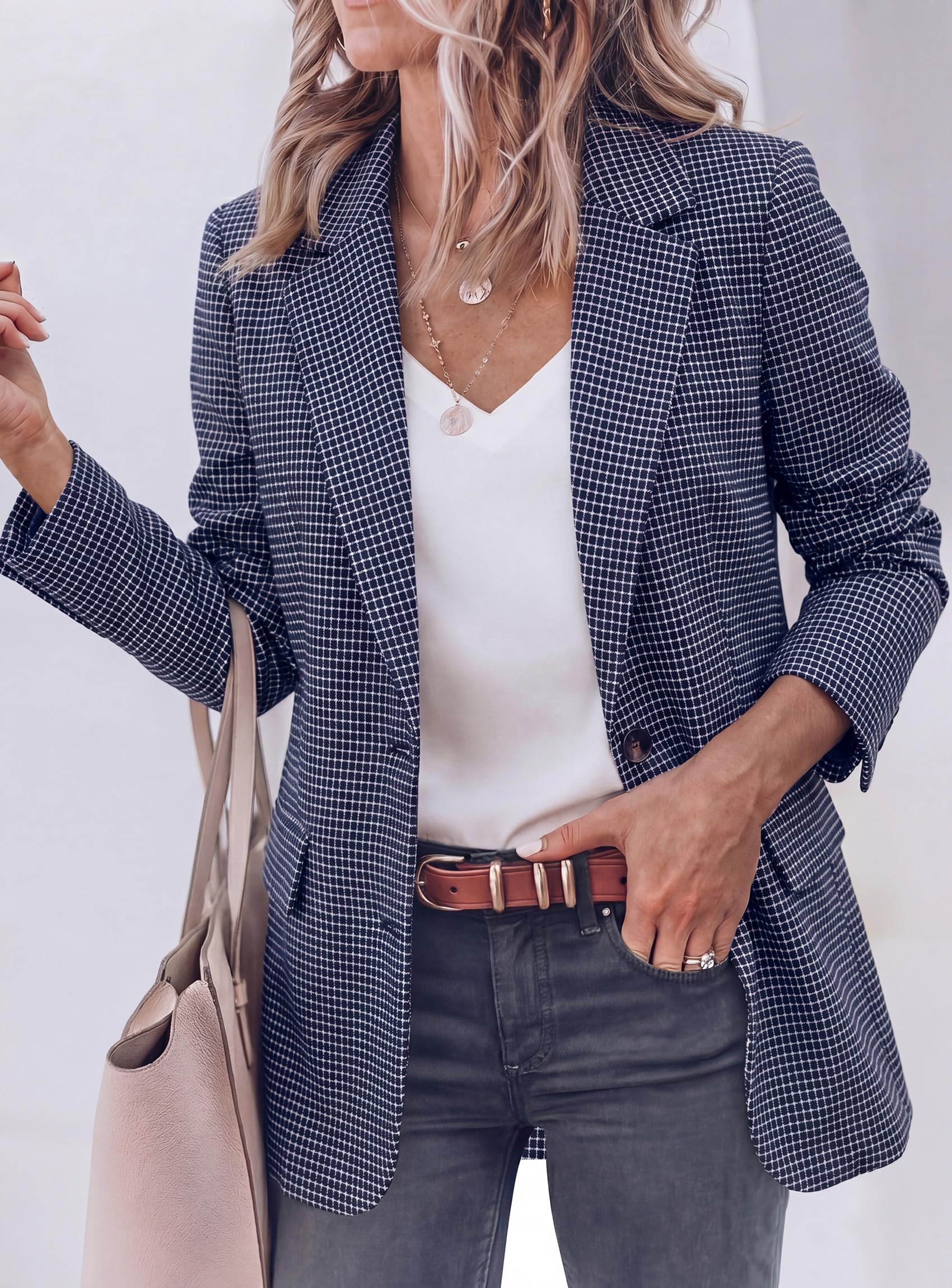 Fall Plaid Blazers for Women Business Casual Navy Blue S
