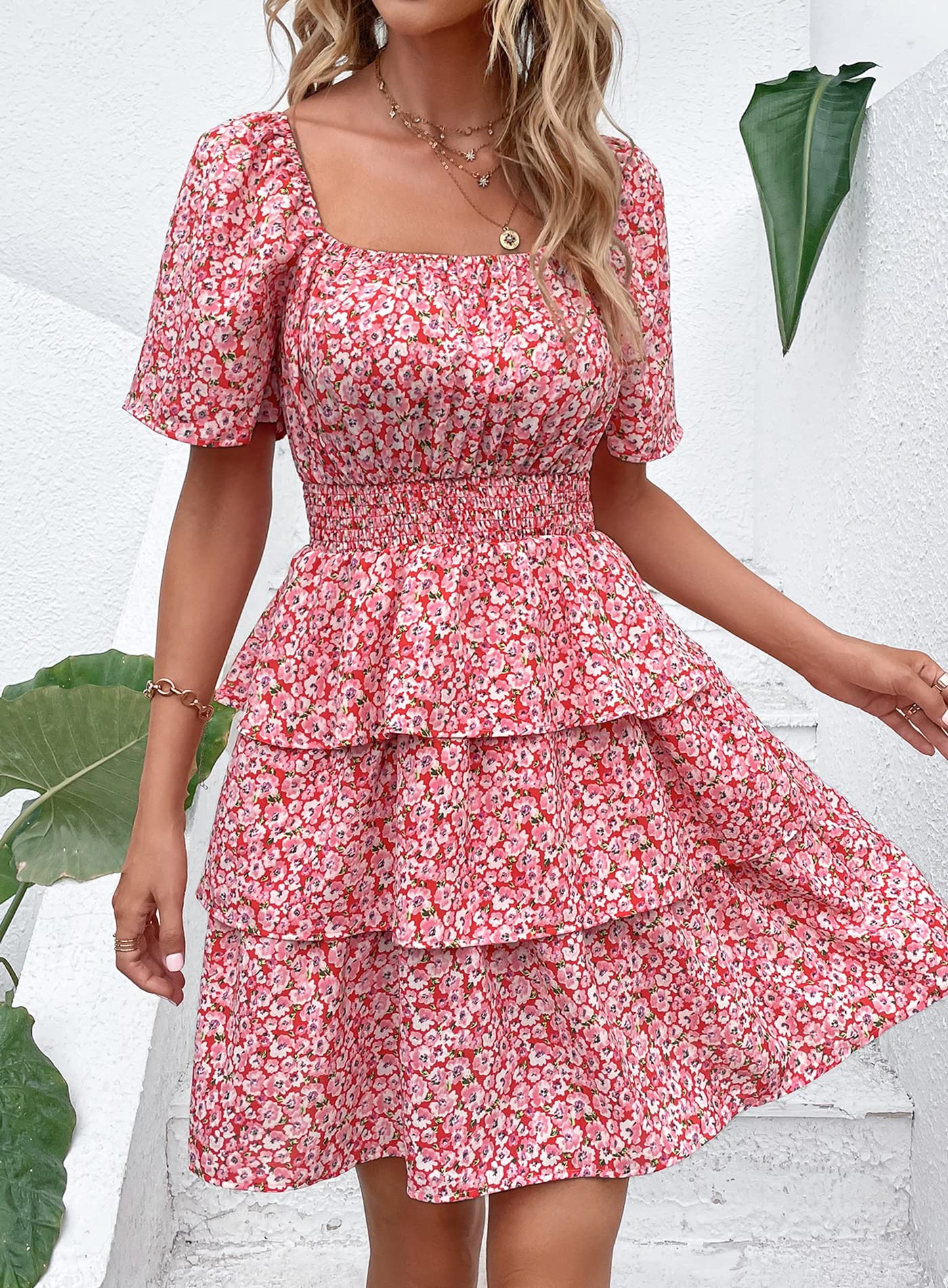 Women's 2025 Floral Summer Short Dress Square Neck Short Sleeve Tiered Ruffle Boho Swing Dresses (Red Pink Floral,Small)