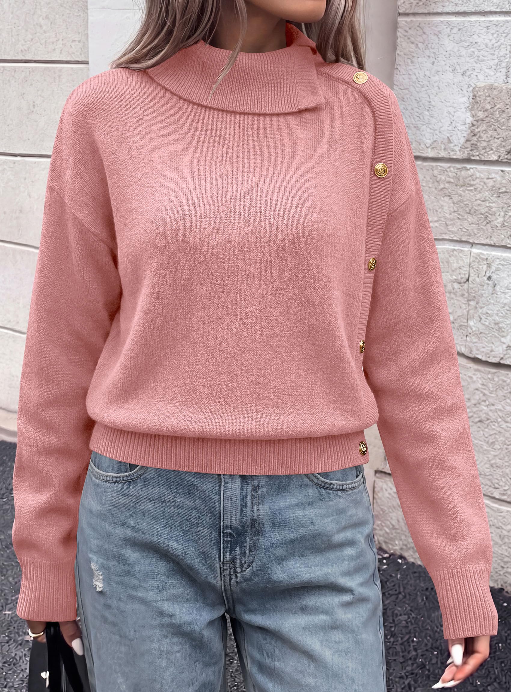 Womens Turtleneck Sweater Pullover Side Button Fall Clothes