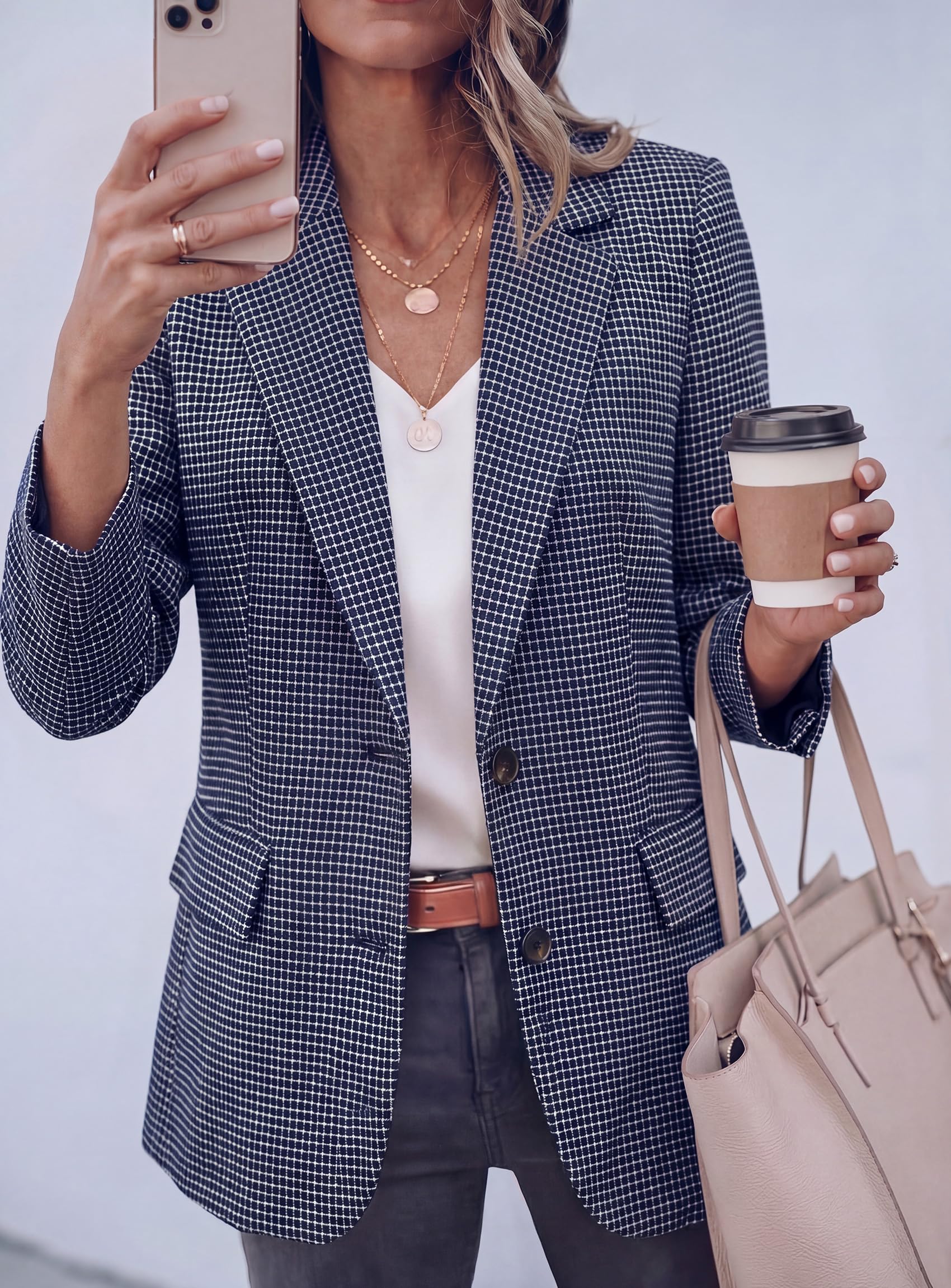 Fall Plaid Blazers for Women Business Casual Navy Blue S