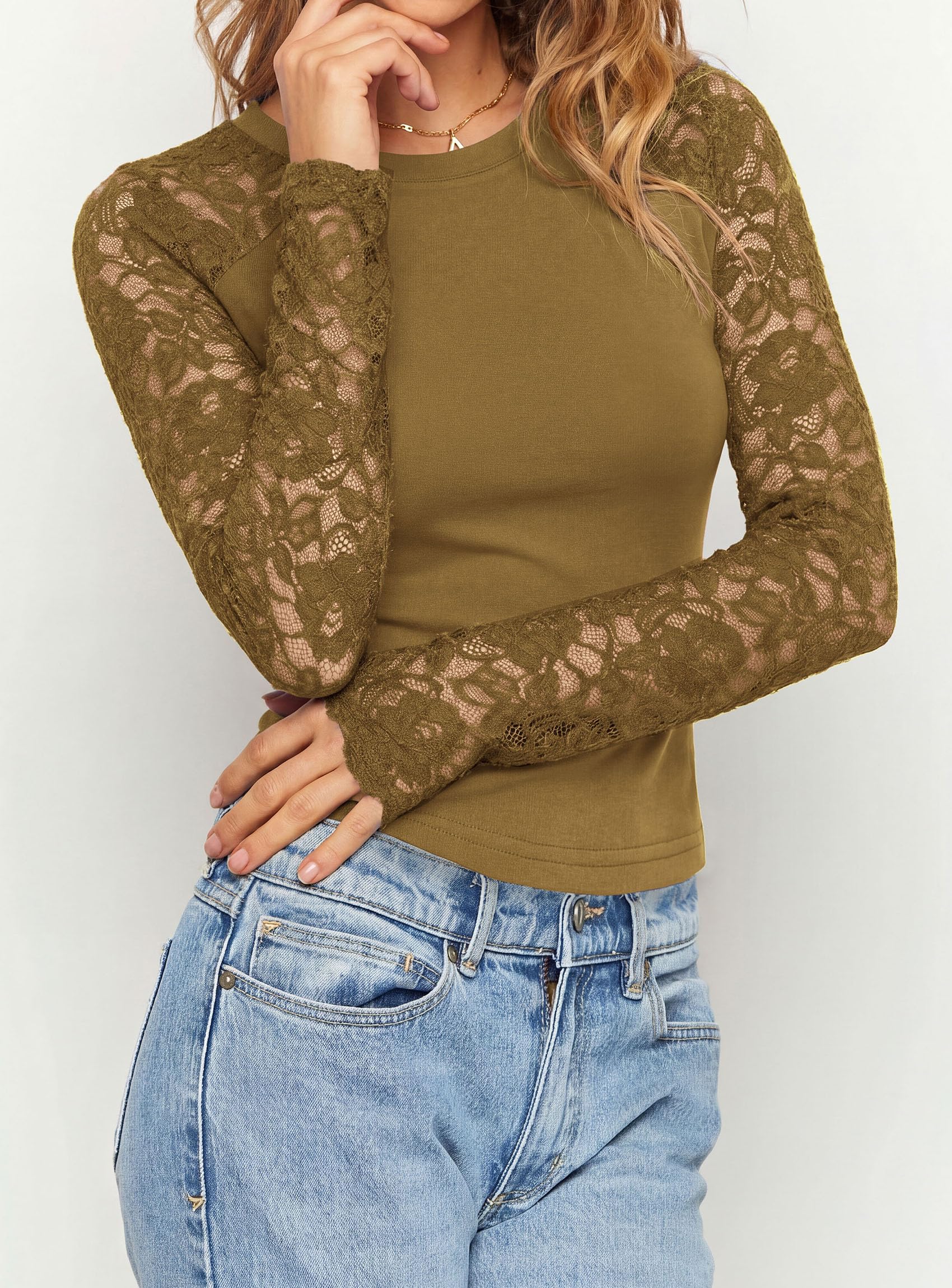 Sheer Lace Raglan Long Sleeve Shirts for Women,Light Brown,S