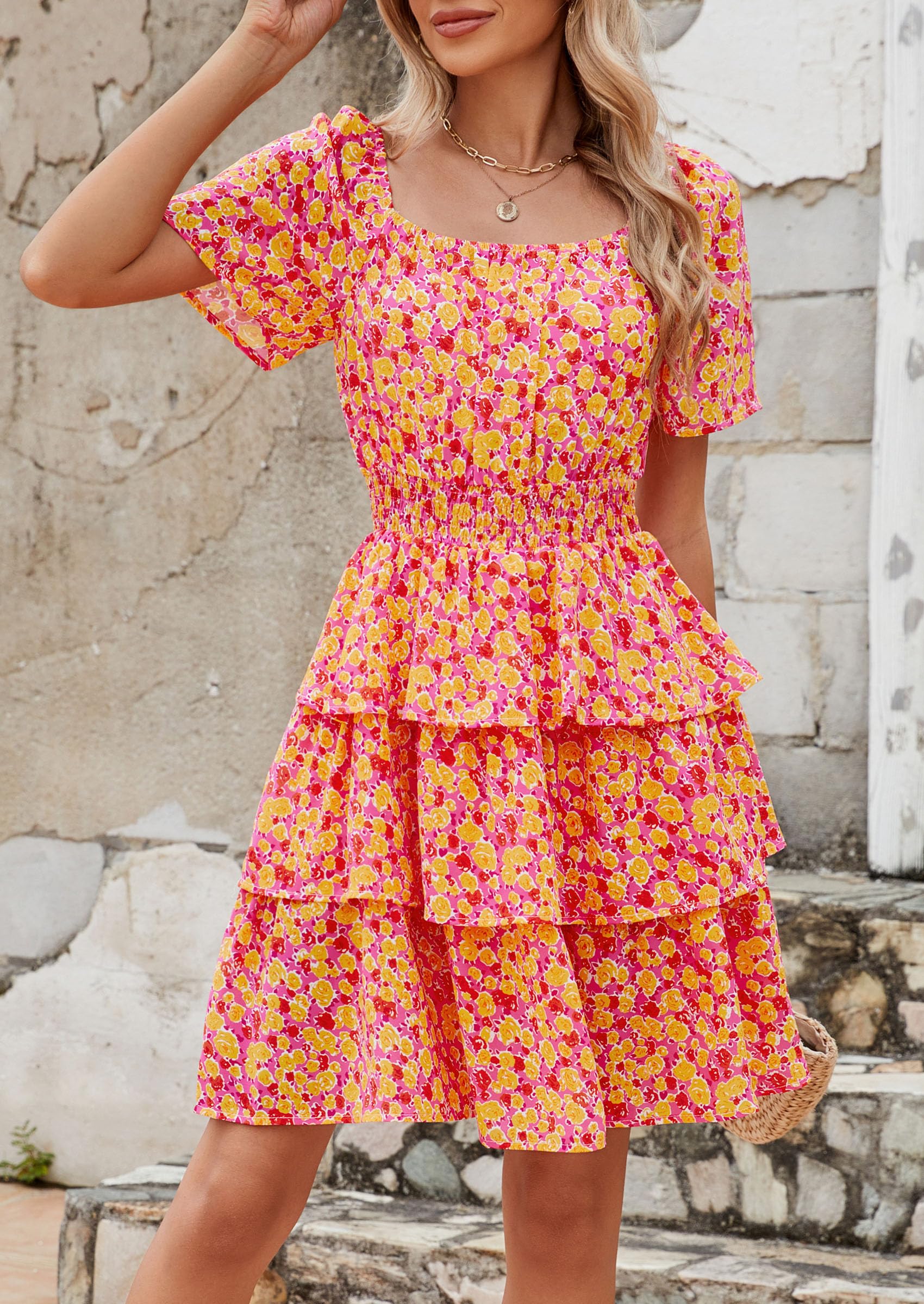 Women's Summer Floral Ruffle Short Dress Rose Red Floral,S