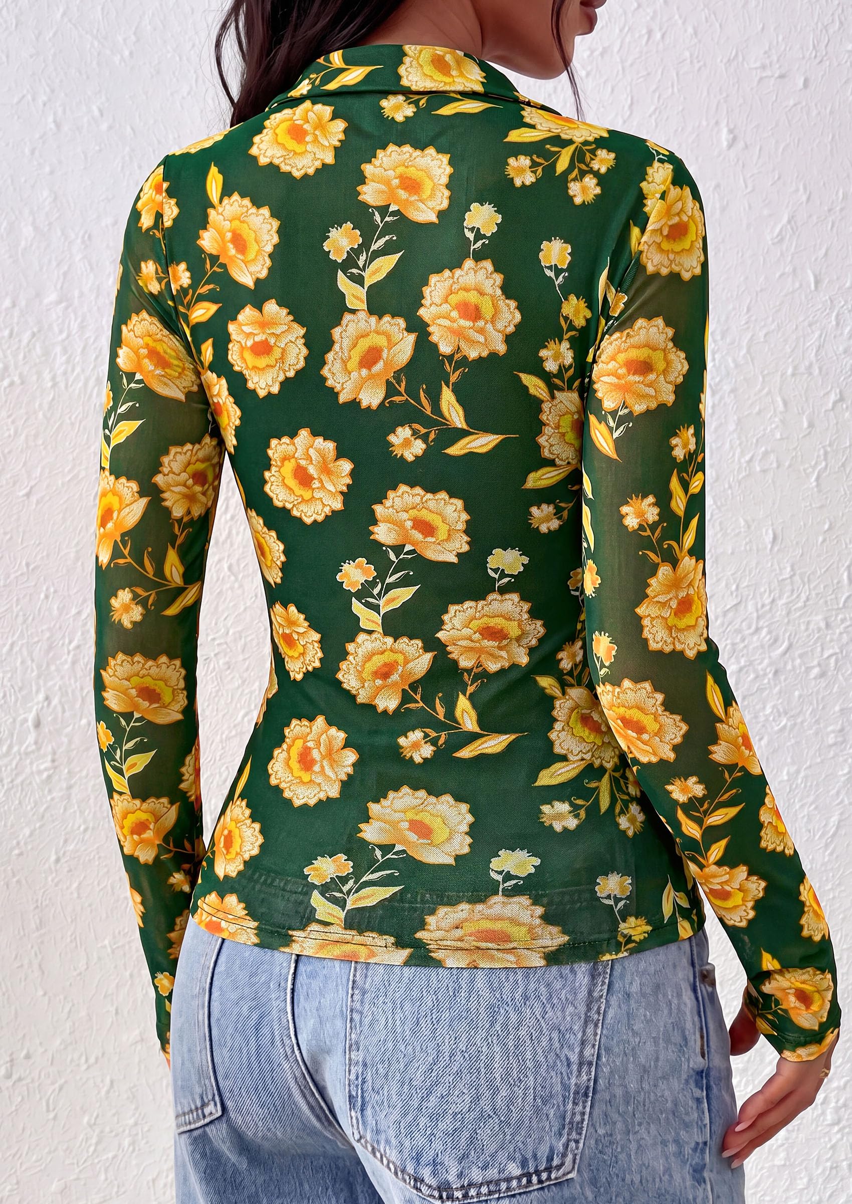 Women's Long Sleeve Boho Floral Mesh Tops Fall V Neck Blouses