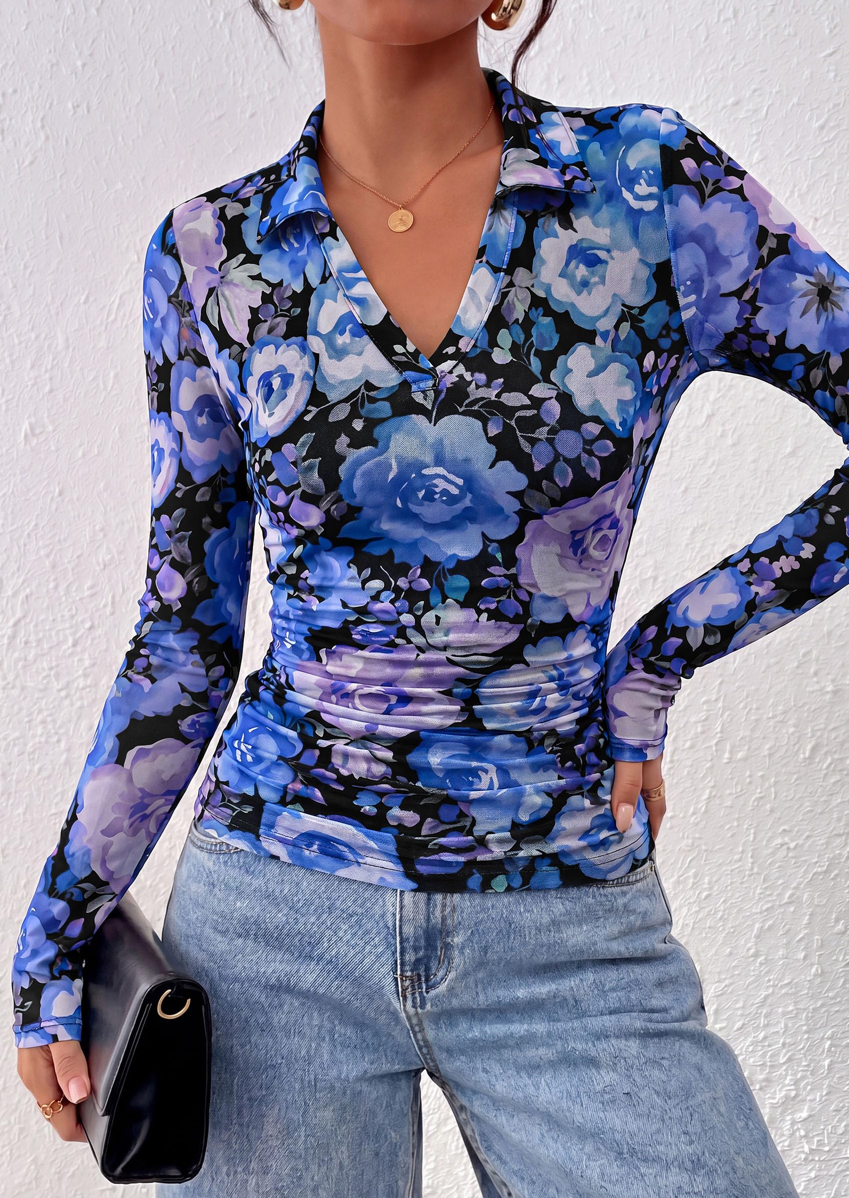 Women's Long Sleeve Boho Floral Mesh Tops Fall V Neck Blouses